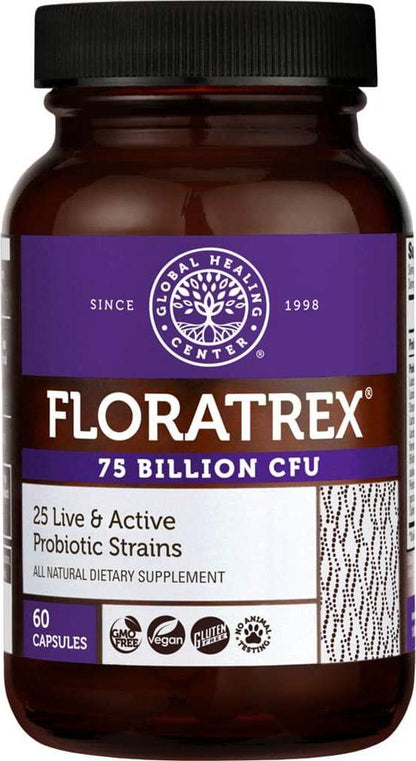 Global Healing Floratrex Probiotic Blend Supplement With Prebiotics For Healthy Digestion, Support Digestive Tract, and Normal Immune System - Men and Women - 75 Billion CFU, 25 Strains, 60 Capsules