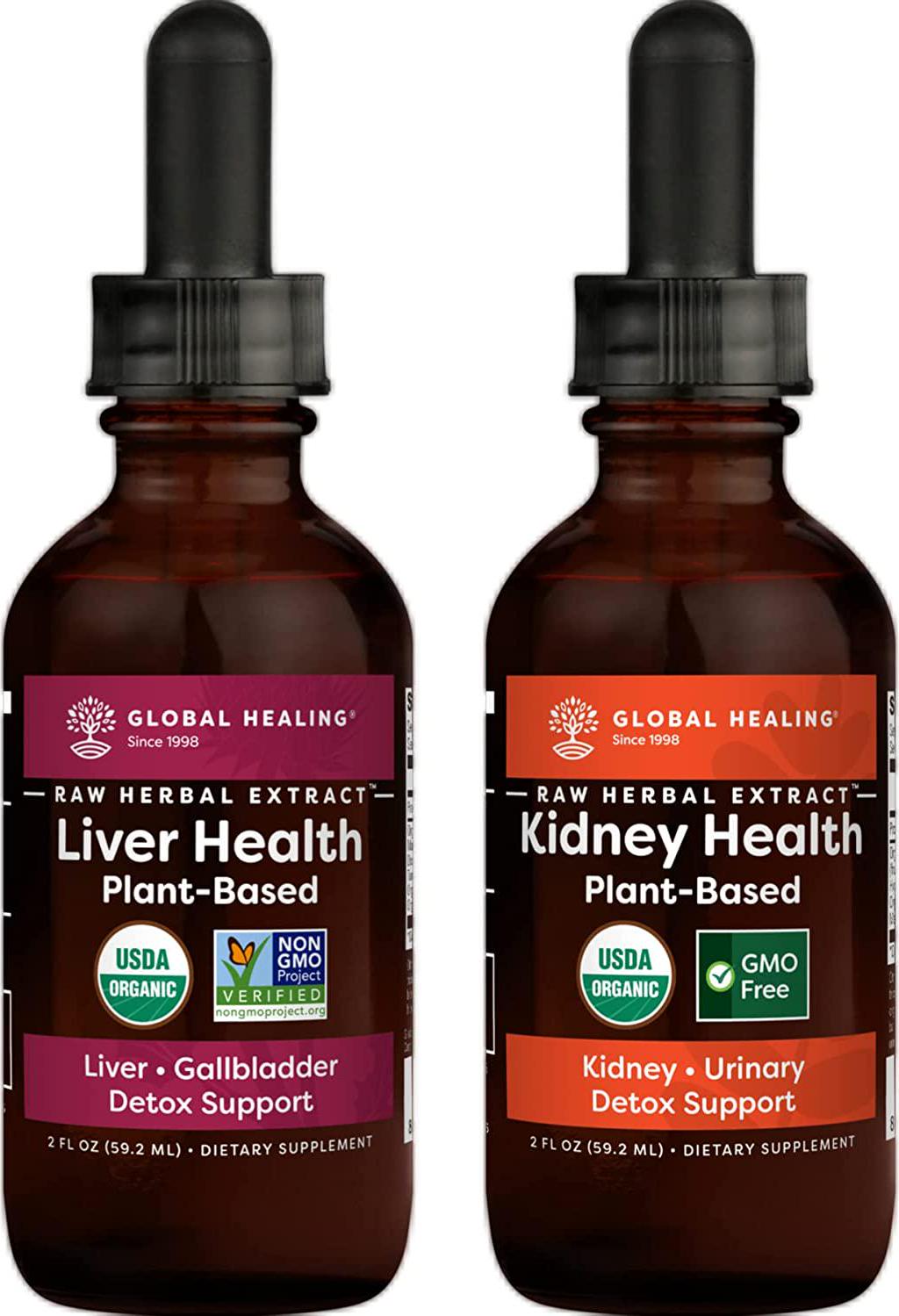 Global Healing Liver and Kidney Health Kit - Liquid Supplement Drops Support Liver and Gallbladder Detox and Function and Organic Kidney Cleanse and Urinary Health for Bladder - 2 Fl Oz Each