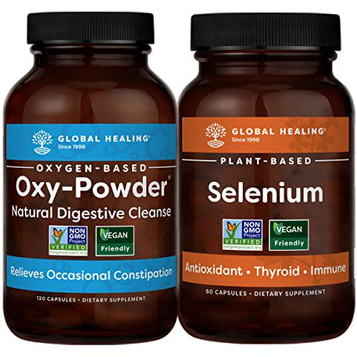 Global Healing Oxy-Powder and Selenium Kit - Natural, Oxygen Based Colon Cleanser of Intestinal Tract and Vegan Antioxidant Supplement for Thyroid Support and Immune System Health - 160 Capsules Total