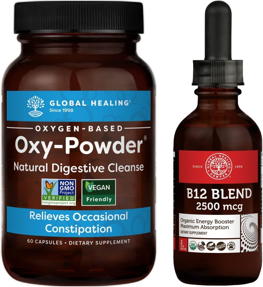 Global Healing Oxy-Powder and B12 Blend Kit - Natural, Oxygen Based Colon Cleanser of Intestinal Tract and Organic Sublingual B12 Vitamin Supplement Drops for Energy, Mood, Heart - 60 Capsules and 2 Fl Oz