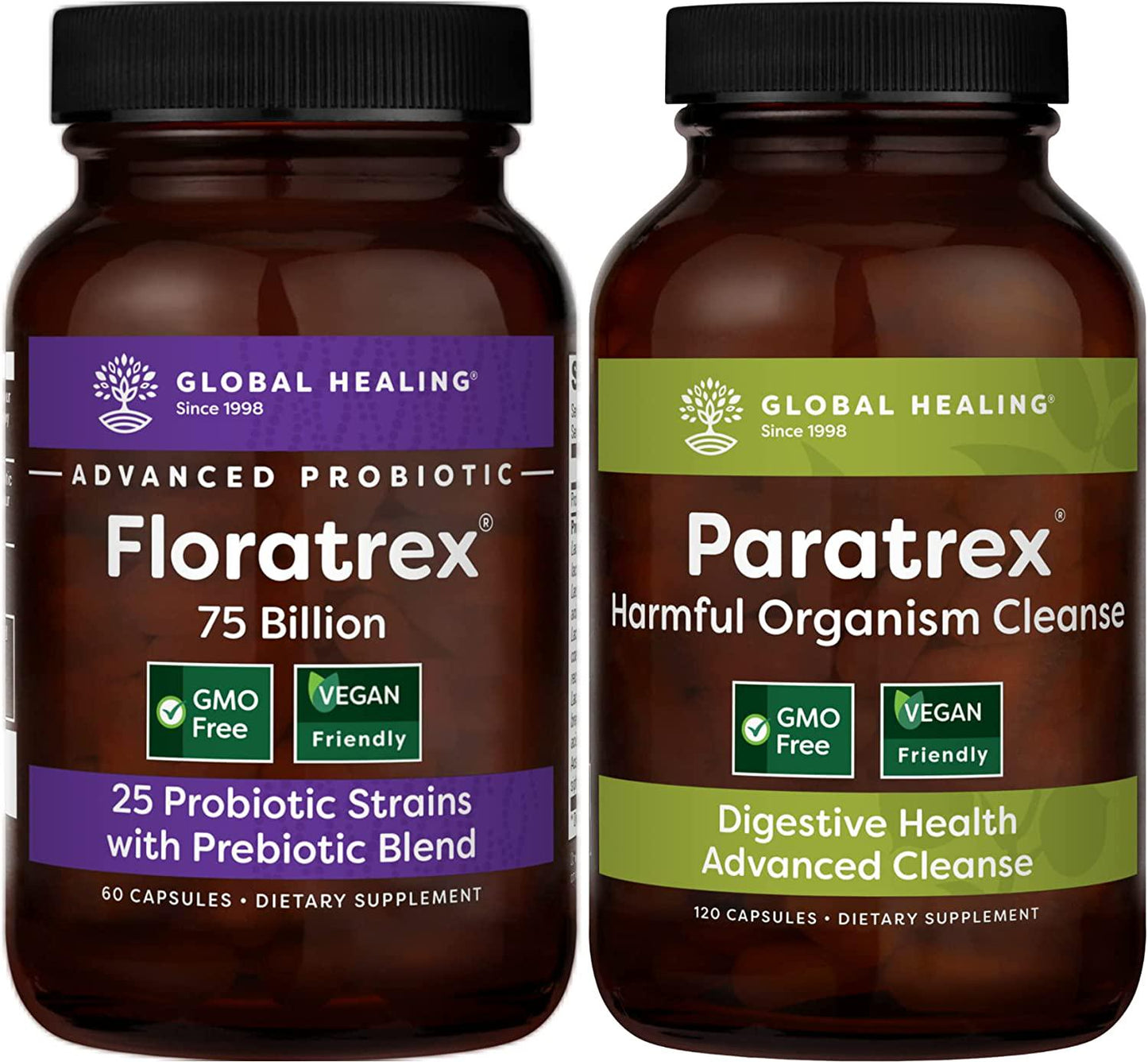 Global Healing Paratrex and Floratrex Kit - Herbal Supplement Detox Of Harmful Organisms For Healthy Cleanse and Probiotic and Prebiotic Blend For Digestive Tract and Normal Digestion - 120 Capsules Total