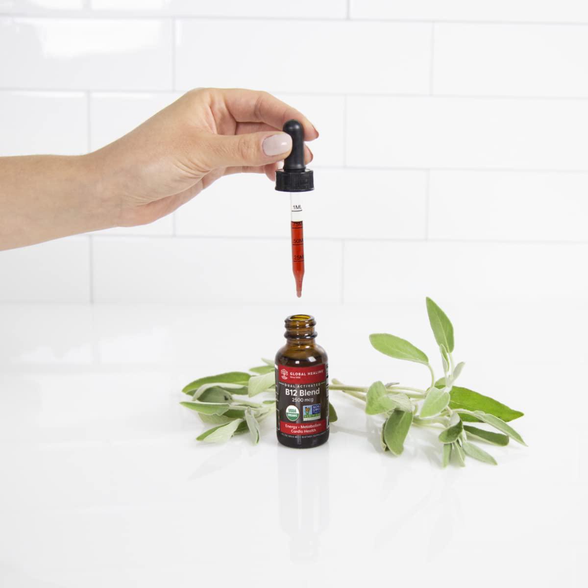 Global Healing Vitamin B12 Liquid Blend, 2500 mcg Organic Sublingual Supplement Drops | 2-in-1 Methylcobalamin and Adenosylcobalamin for Energy and Heart Health For Men and Women - 60-Day Supply, 2 Fl Oz