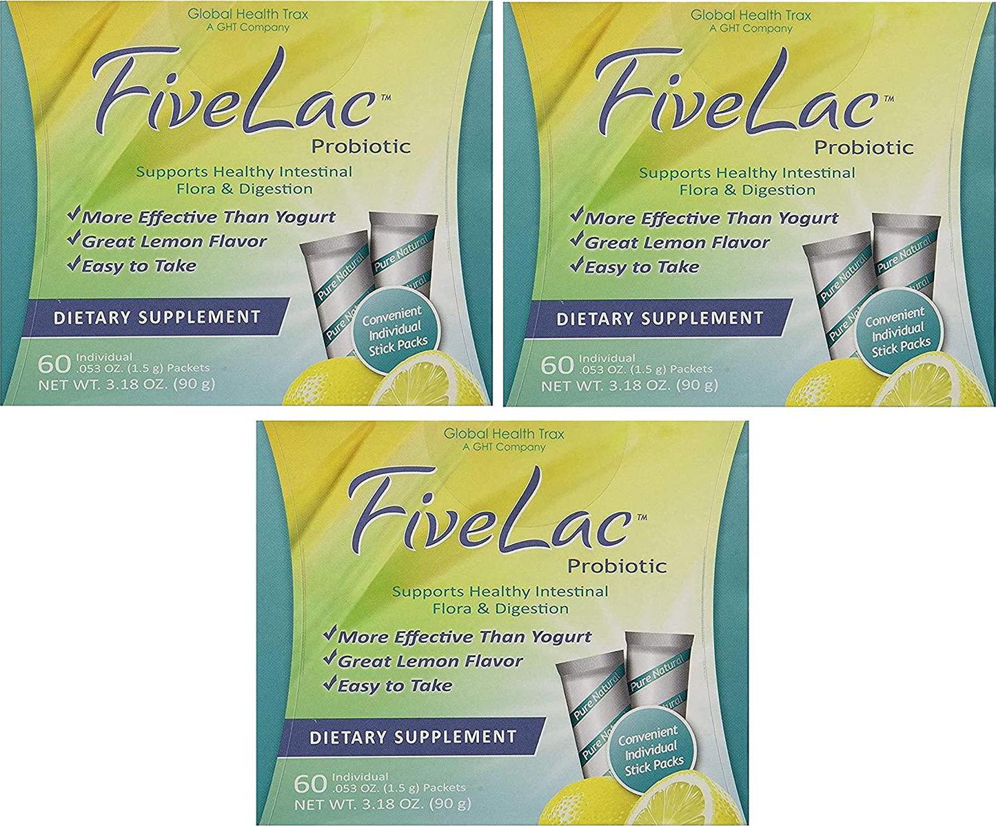 Global Health Trax Fivelac Lemon Flavor Dietary Supplement (3 Pack) 60 Packets Support Your Daily Health and Wellness Needs