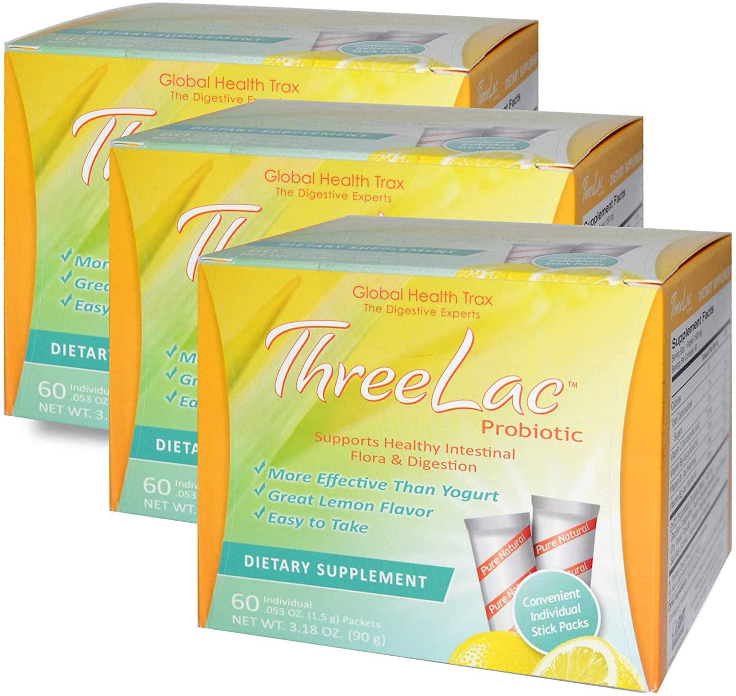 Global Health Trax ThreeLac Probiotic, Lemon Flavor Dietary Supplement (3 Pack) 60 Packets Supports intestinal and Digestive Health