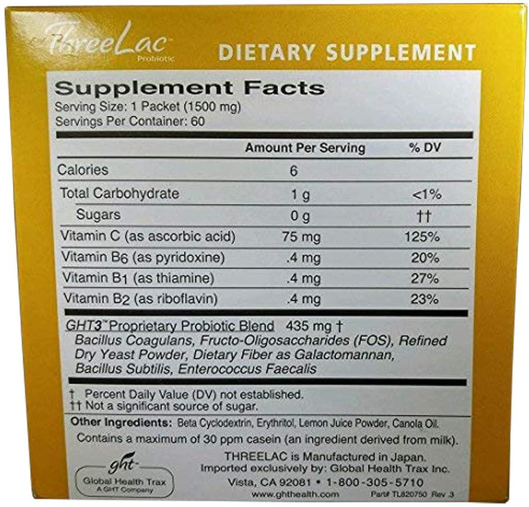 Global Health Trax ThreeLac Probiotic, Lemon Flavor Dietary Supplement (3 Pack) 60 Packets Supports intestinal and Digestive Health