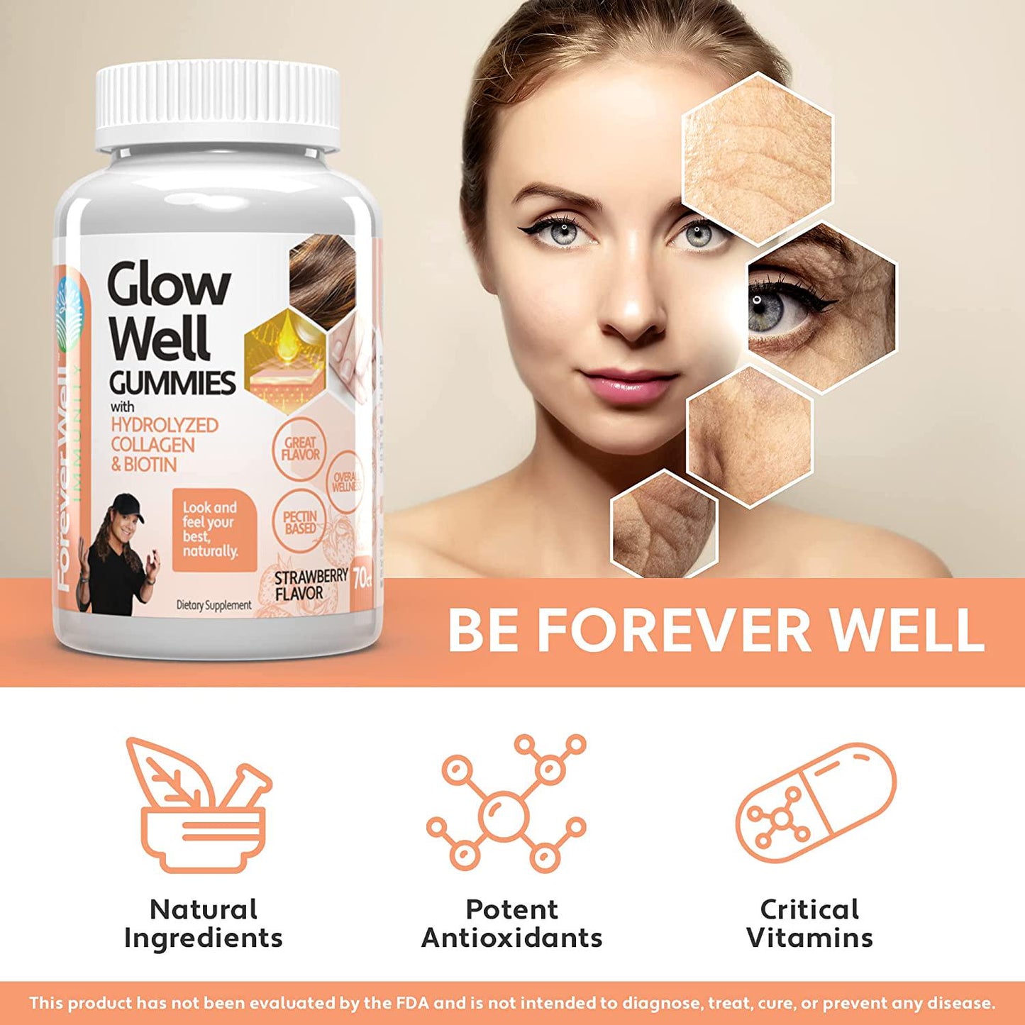 Glow Well Collagen Supplement with Biotin and Vitamin E; Hair Growth, Strong Nails, Beautiful Skin, Confidence Boost, 70 Strawberry Flavored, Hair, Skin, and Nails, Vitamin Gummies for Women and Men