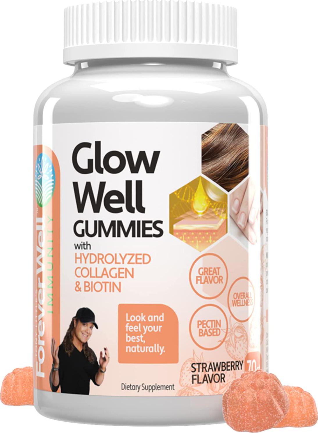Glow Well Collagen Supplement with Biotin and Vitamin E; Hair Growth, Strong Nails, Beautiful Skin, Confidence Boost, 70 Strawberry Flavored, Hair, Skin, and Nails, Vitamin Gummies for Women and Men
