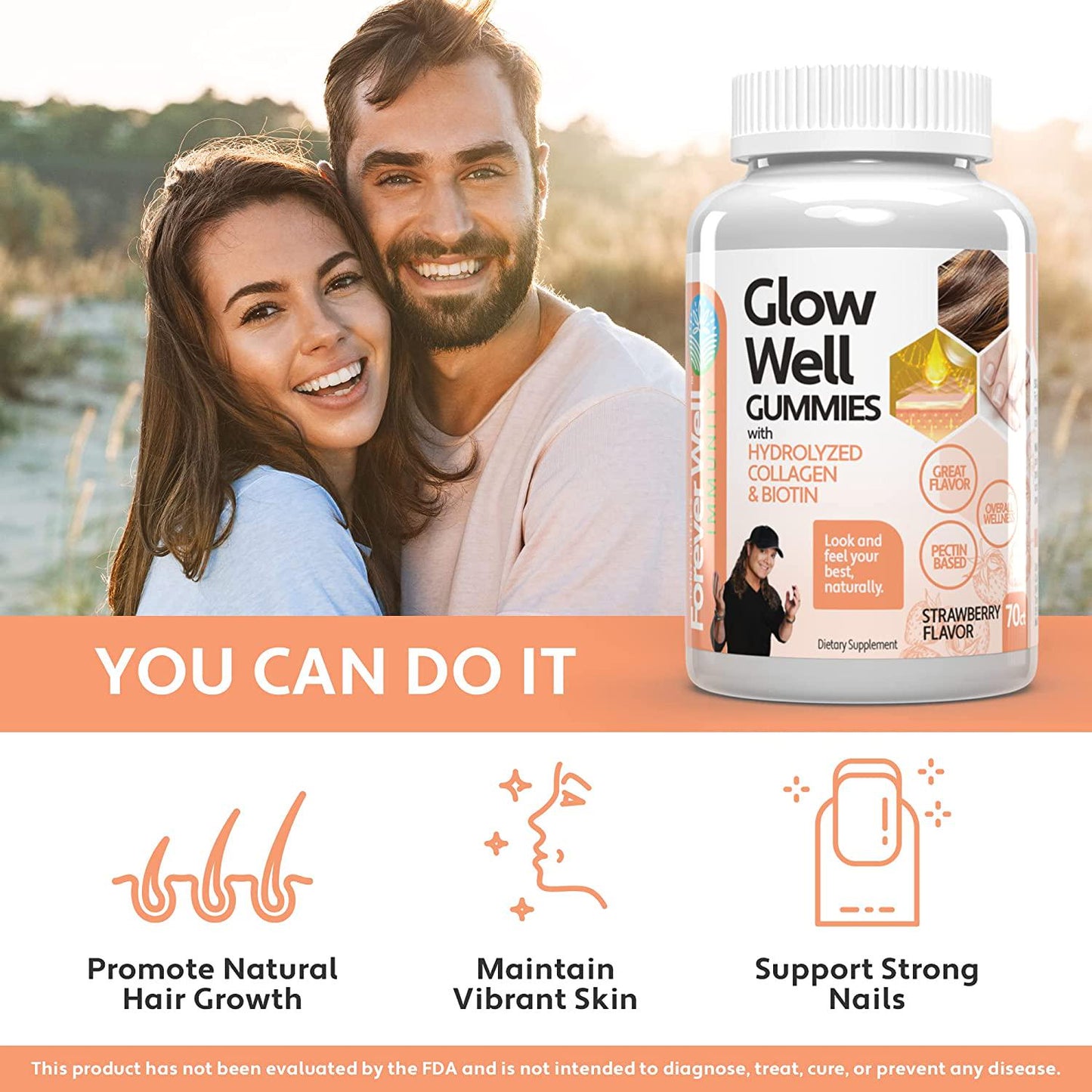 Glow Well Collagen Supplement with Biotin and Vitamin E; Hair Growth, Strong Nails, Beautiful Skin, Confidence Boost, 70 Strawberry Flavored, Hair, Skin, and Nails, Vitamin Gummies for Women and Men