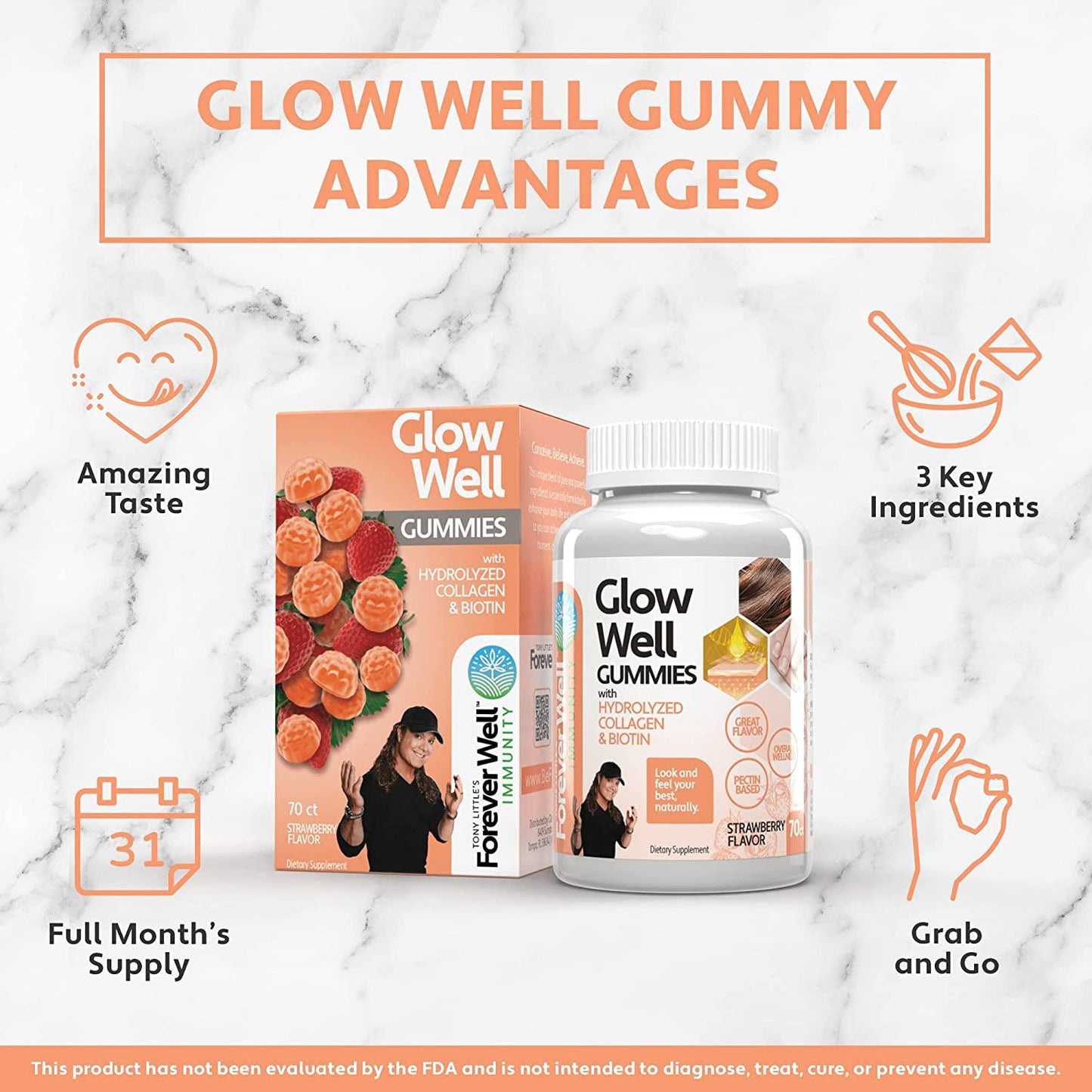 Glow Well Collagen Supplement with Biotin and Vitamin E; Hair Growth, Strong Nails, Beautiful Skin, Confidence Boost, 70 Strawberry Flavored, Hair, Skin, and Nails, Vitamin Gummies for Women and Men