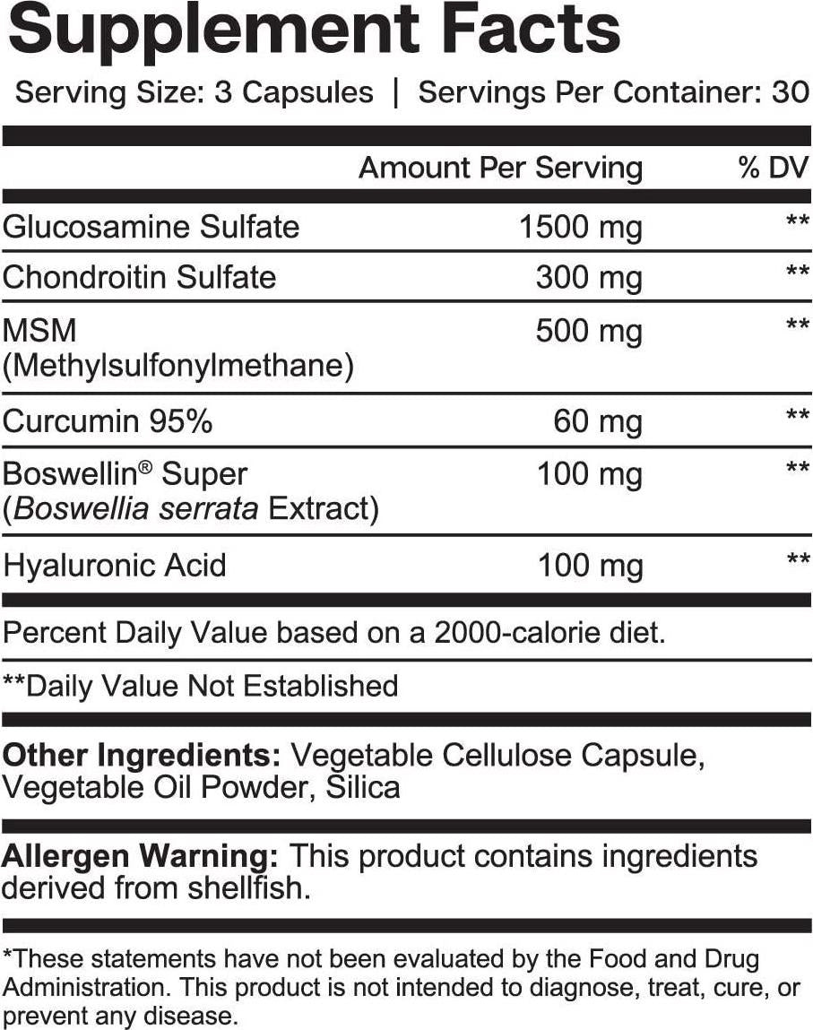 Glucosamine Chondroitin MSM Boswellia Serrata Hyaluronic Acid Supplement - Essential Elements | Joint Support Antioxidant Supplement for Flexibility - 90 Capsules