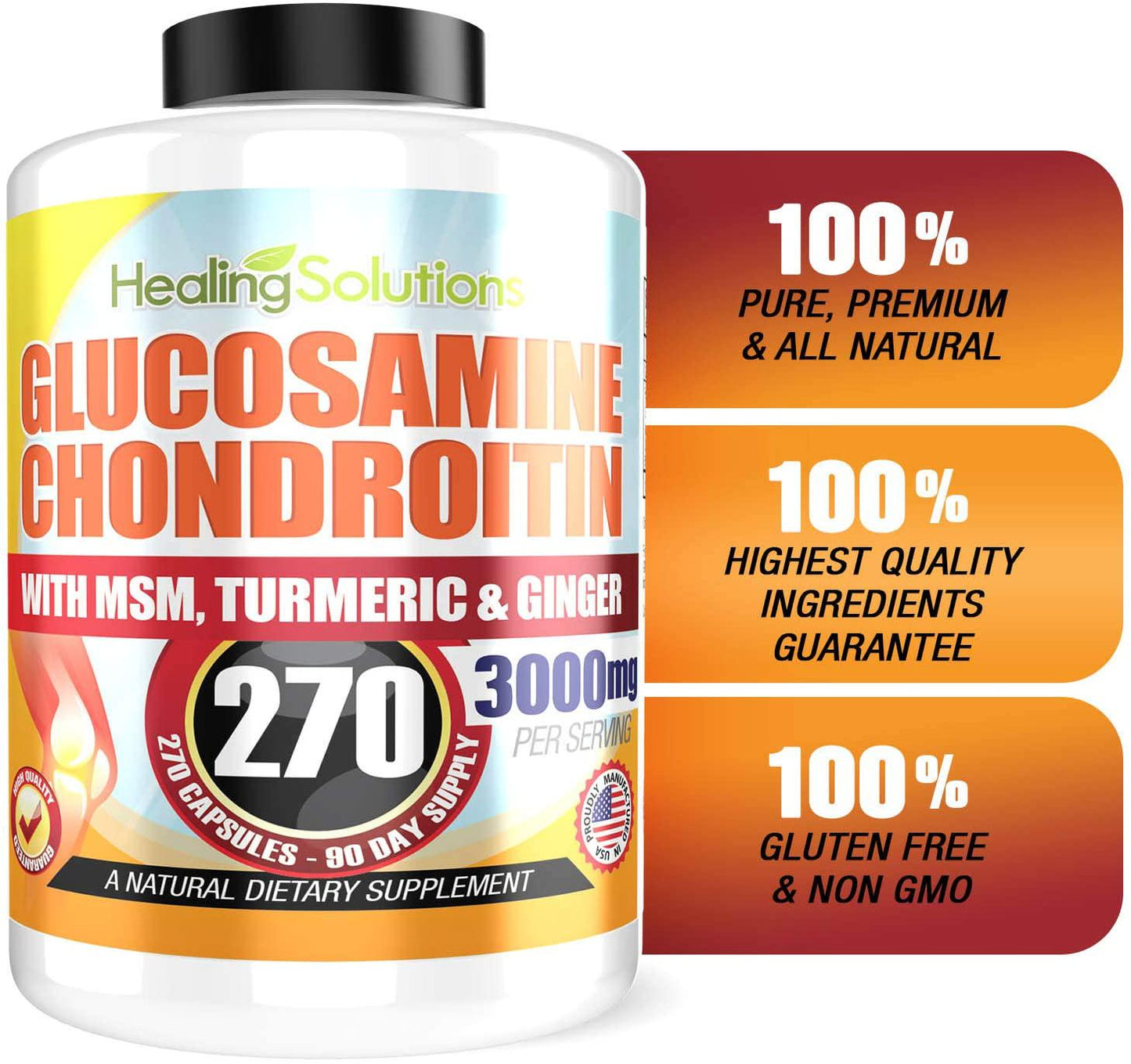 Glucosamine Chondroitin + MSM and Turmeric 100% Pure and Premium (Bulk 270 Capsules) - 100% Pure, Non-GMO - Allergen Free