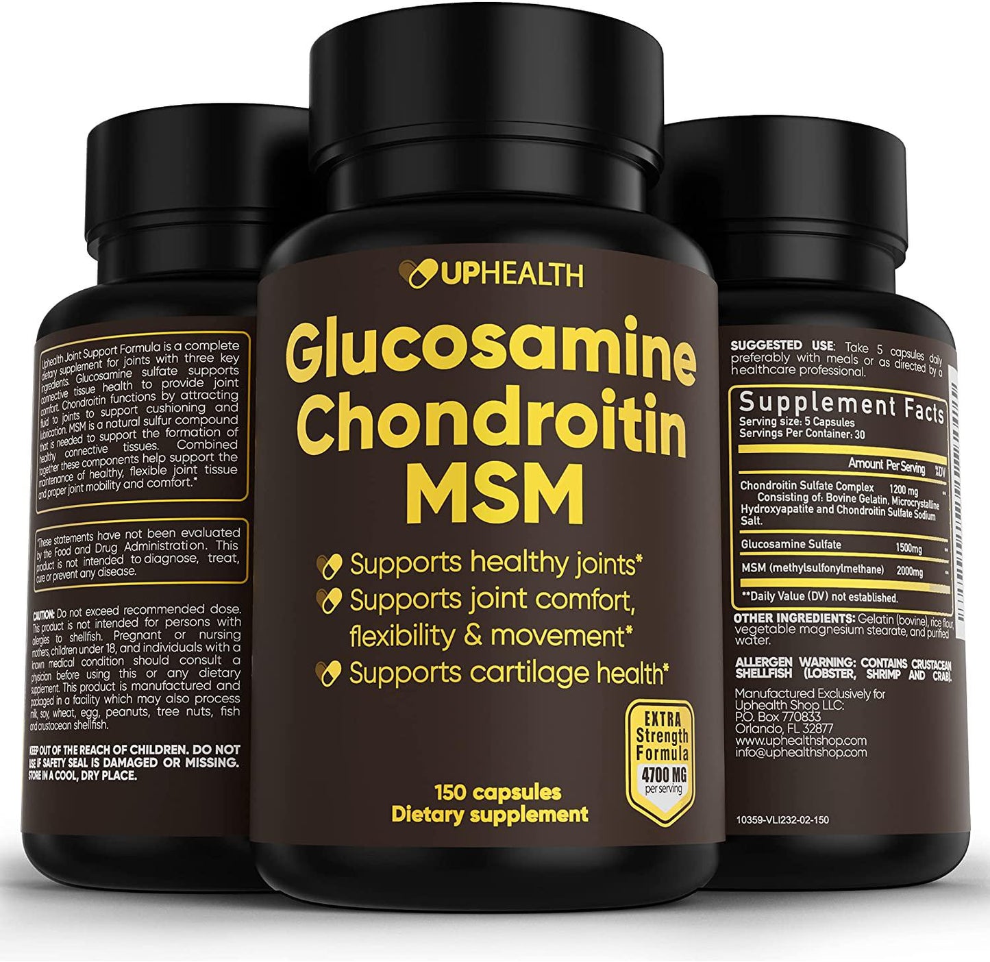 Glucosamine Chondroitin MSM Extra Strength 4700mg Per Serving, Complete Supplement for Joint Health, Cartilage Support, Strength, Flexibility and Mobility, Anti Inflammatory, Non-GMO, 150 caps