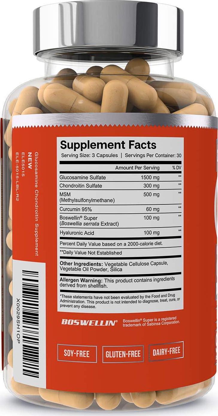 Glucosamine Chondroitin MSM Boswellia Serrata Hyaluronic Acid Supplement - Essential Elements | Joint Support Antioxidant Supplement for Flexibility - 90 Capsules