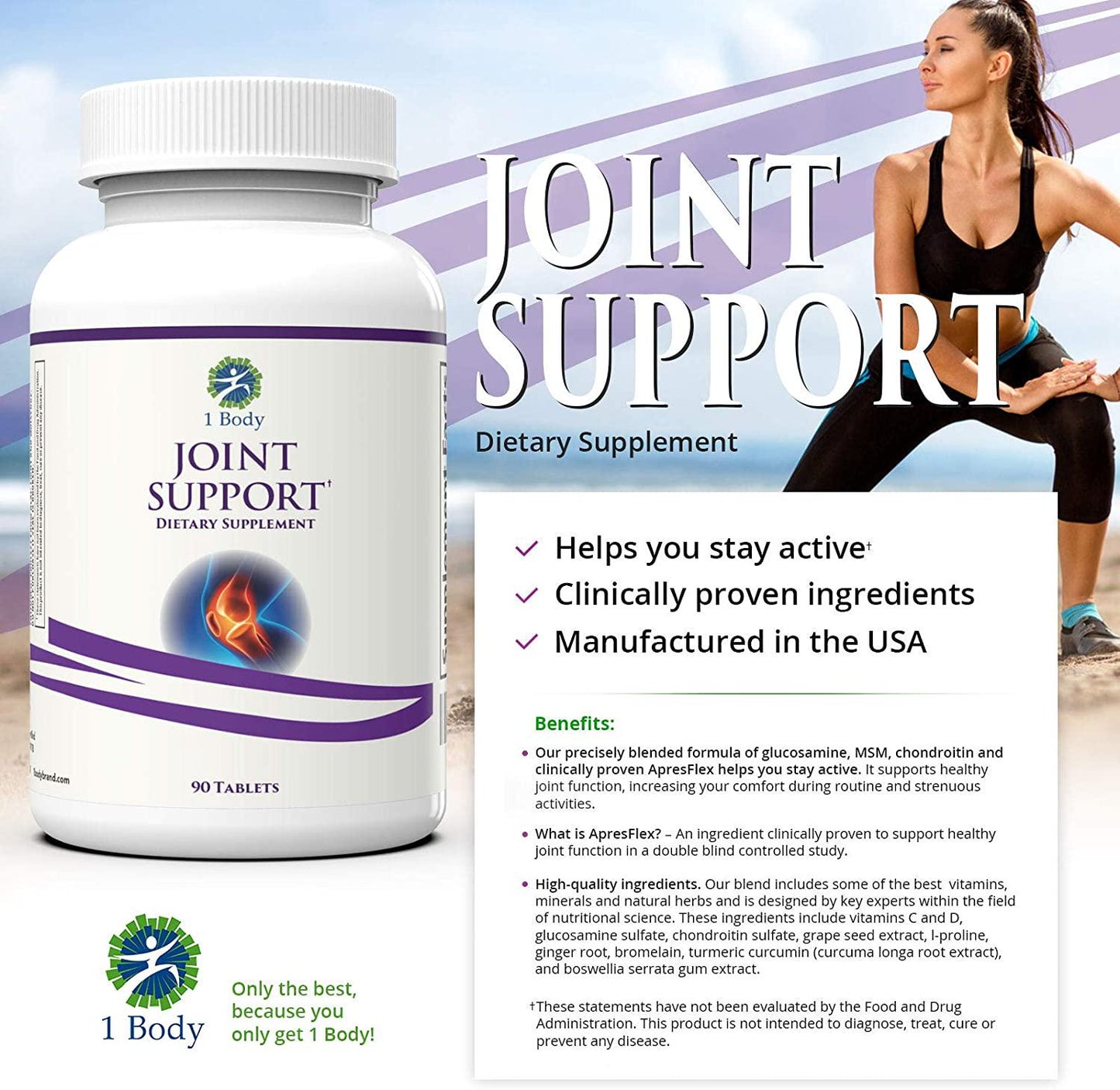 Glucosamine, Chondroitin, MSM - Clinically Proven ApresFlex, Turmeric Curcumin (Curcuma Extract 95% Curcuminoids) and More - Joint Support Supplement for Men and Women