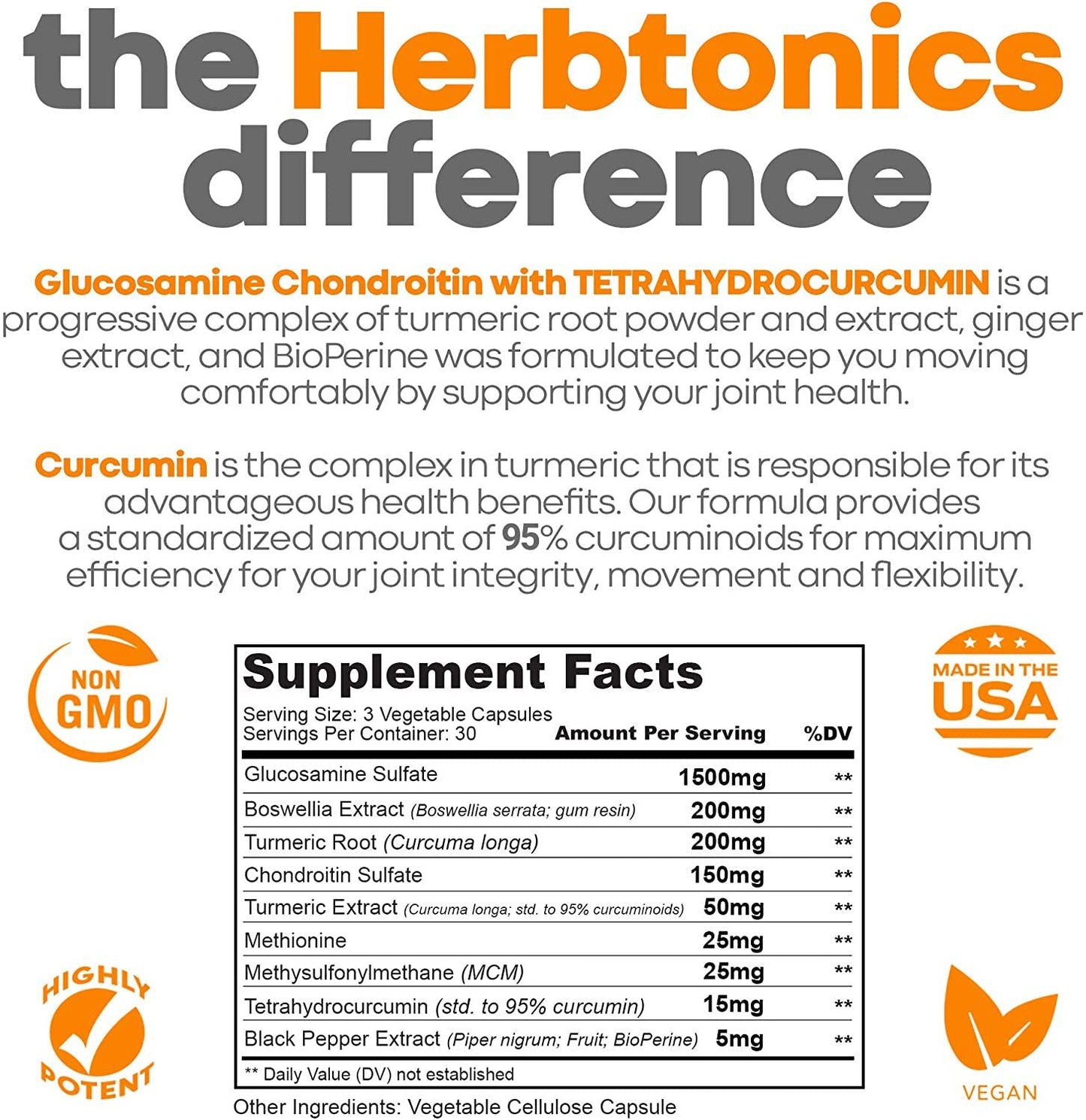 Glucosamine Chondroitin MSM Turmeric Curcumin Boswellia, Tetrahydrocurcumin - Joint Pain Relief Support Supplement Anti-Inflammatory for Men and Women 90 Vegan Capsules