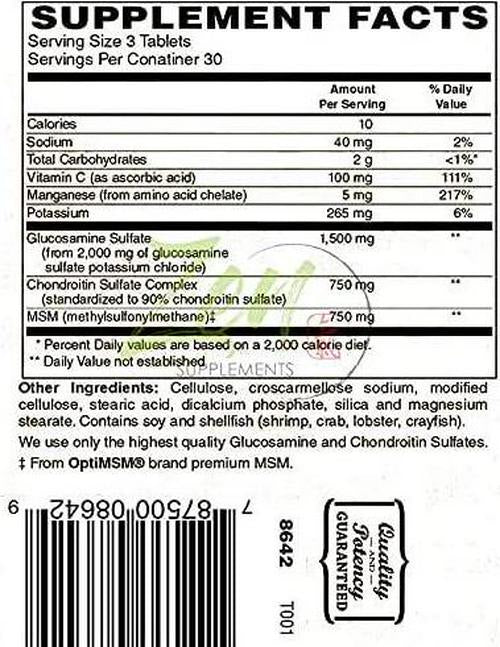 Glucosamine Chondroitin MSM - Natural Joint Pain Relief Supplements for Men and Women with Manganese, Potassium for Joint Health, Cartilage and Connective Tissue, Inflammation Shell-Fish Free - 90 Tab