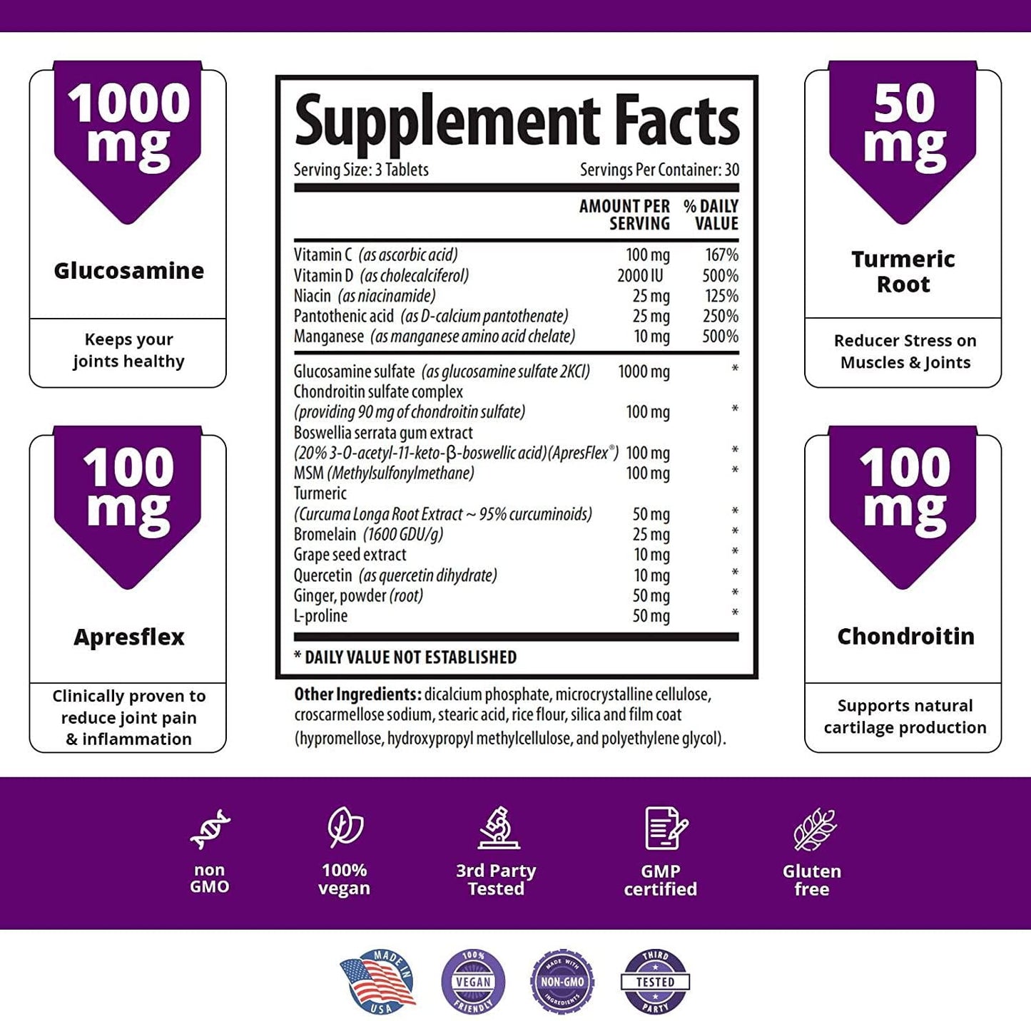 Glucosamine, Chondroitin, MSM - Clinically Proven ApresFlex, Turmeric Curcumin (Curcuma Extract 95% Curcuminoids) and More - Joint Support Supplement for Men and Women