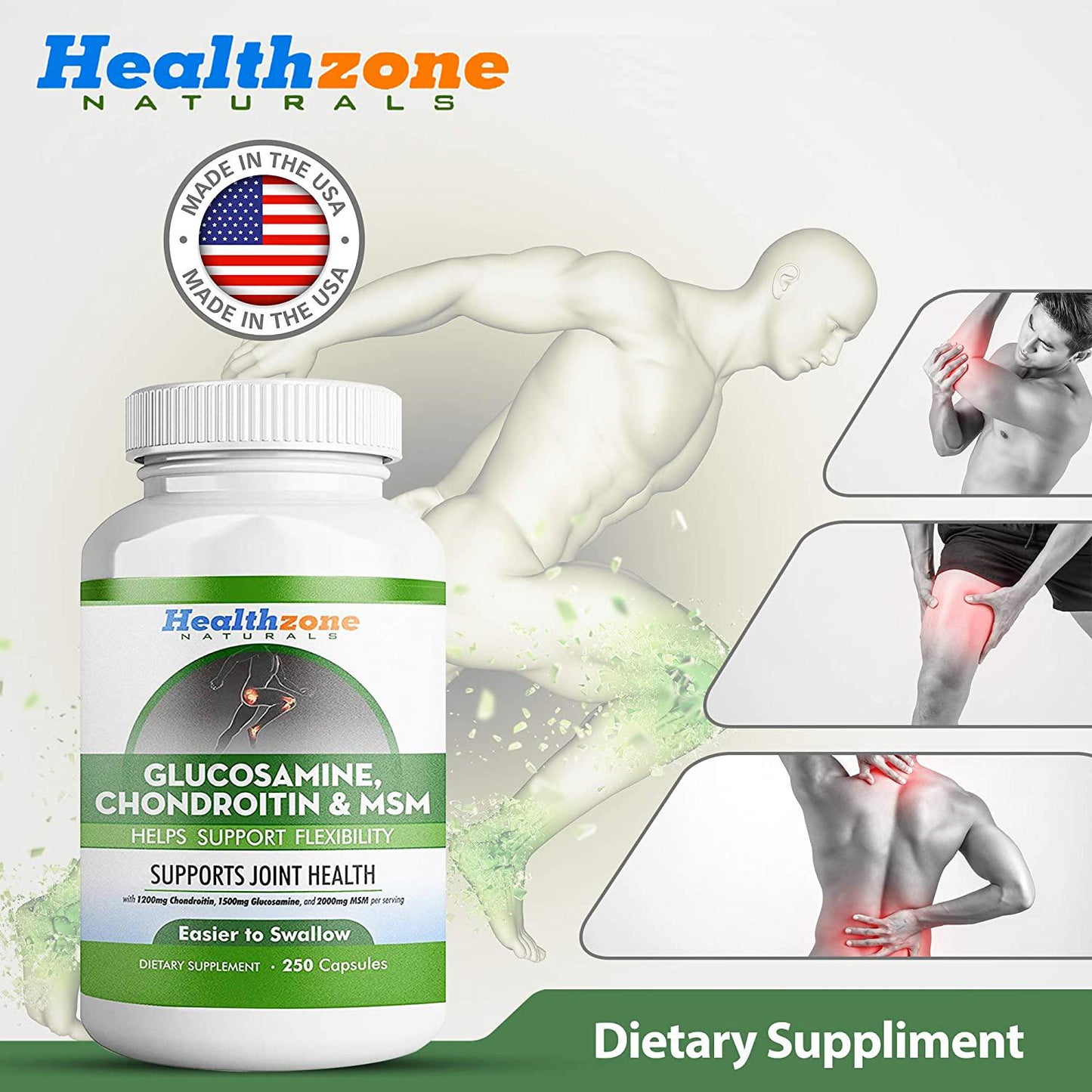 Glucosamine Chondroitin MSM - 250 Capsules - Extra Strength Joint Support Supplement - Relieve Sore Knee, Hip, Finger, Wrist, Elbow, Shoulder, Lower Back Pain - Non-GMO Formula