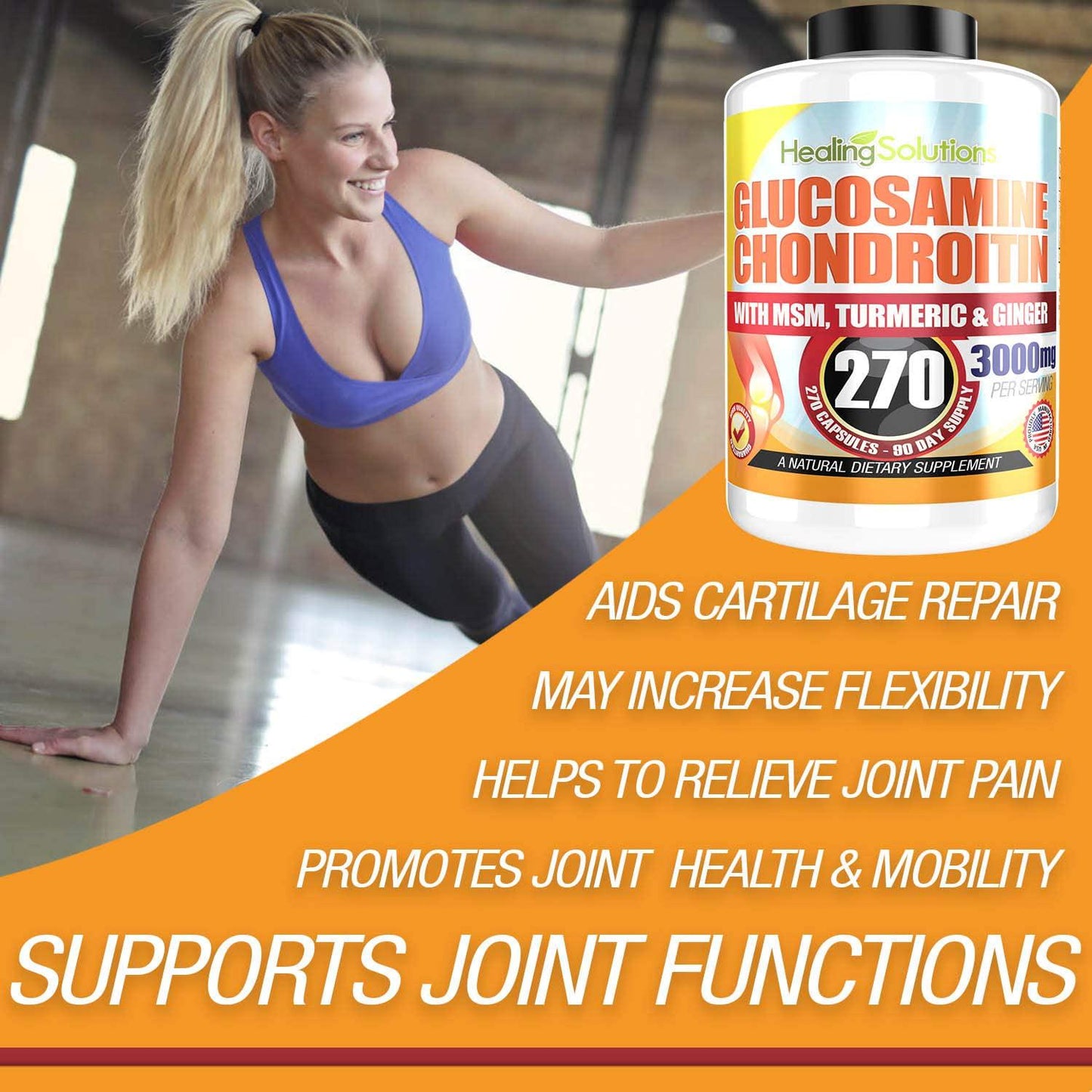 Glucosamine Chondroitin + MSM and Turmeric 100% Pure and Premium (Bulk 270 Capsules) - 100% Pure, Non-GMO - Allergen Free