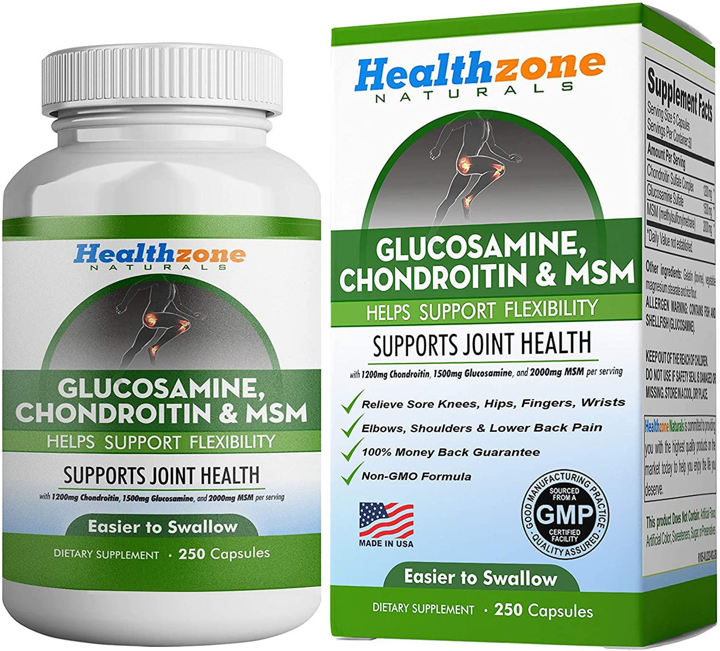 Glucosamine Chondroitin MSM - 250 Capsules - Extra Strength Joint Support Supplement - Relieve Sore Knee, Hip, Finger, Wrist, Elbow, Shoulder, Lower Back Pain - Non-GMO Formula