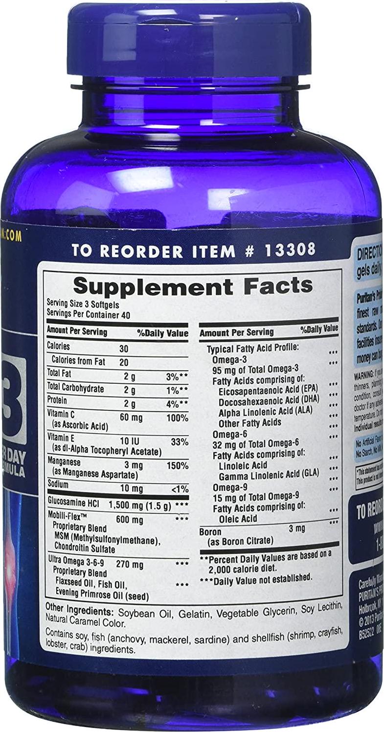 Glucosamine, Chondroitin and MSM with Omega 3, 6, 9, Supports Joints to Promote Joint Comfort and Flexibility, 120 Count by Puritan's Pride