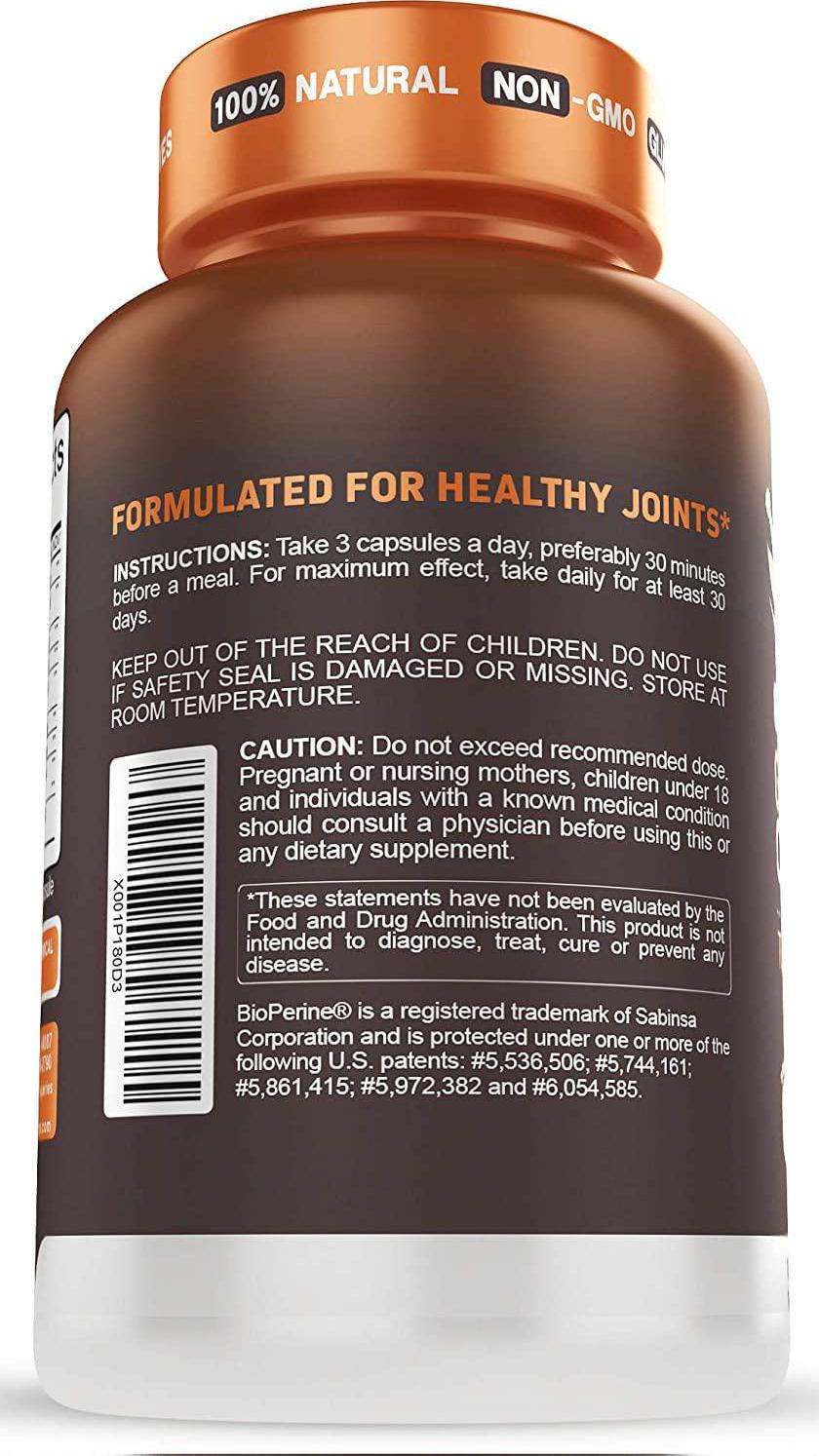 Glucosamine Chondroitin MSM Turmeric Curcumin Boswellia, Tetrahydrocurcumin - Joint Pain Relief Support Supplement Anti-Inflammatory for Men and Women 90 Vegan Capsules