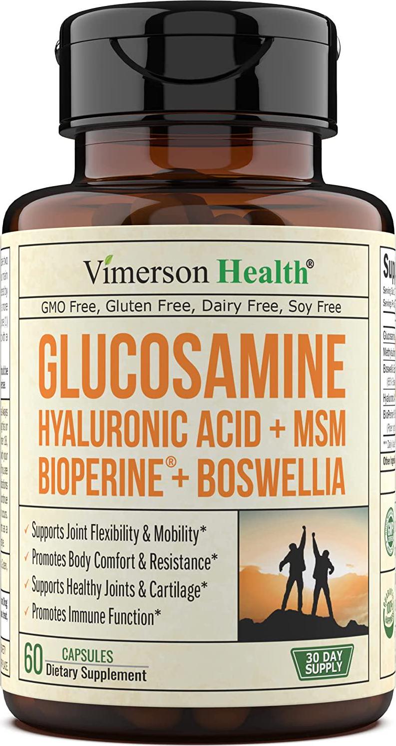 Glucosamine Sulfate with Hyaluronic Acid. Bioperine, MSM, Boswellia. Occasional Joint Pain Relief Supplement. Aids Healthy Inflammatory Response, Anti-Oxidant Properties Pills for Back, Knees, Hands