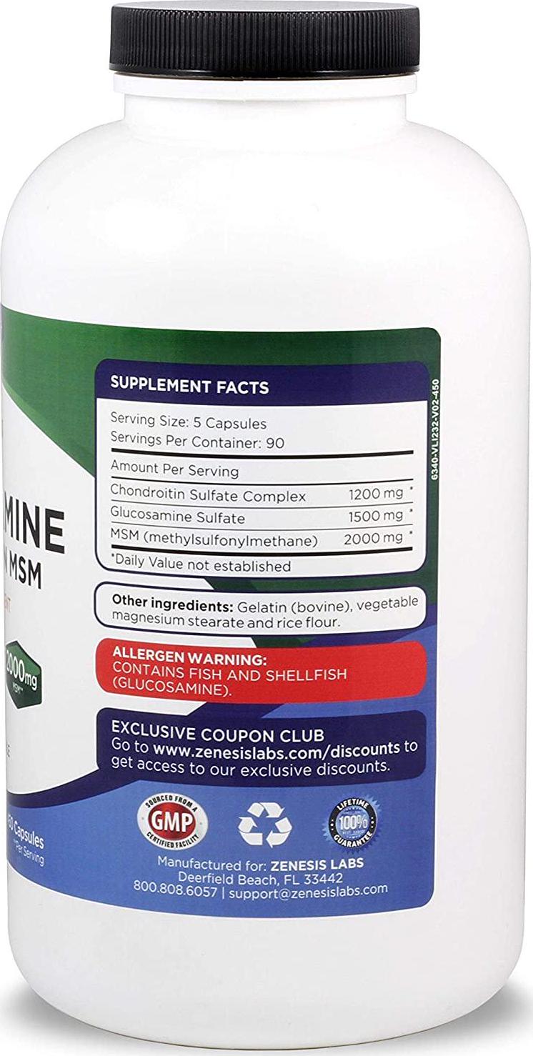 Glucosamine Sulfate + Chondroitin + MSM - 450 Capsules (90 Day Supply) - 1500mg, 1200mg, 2000mg per Serving - Back, Knee Pain Relief