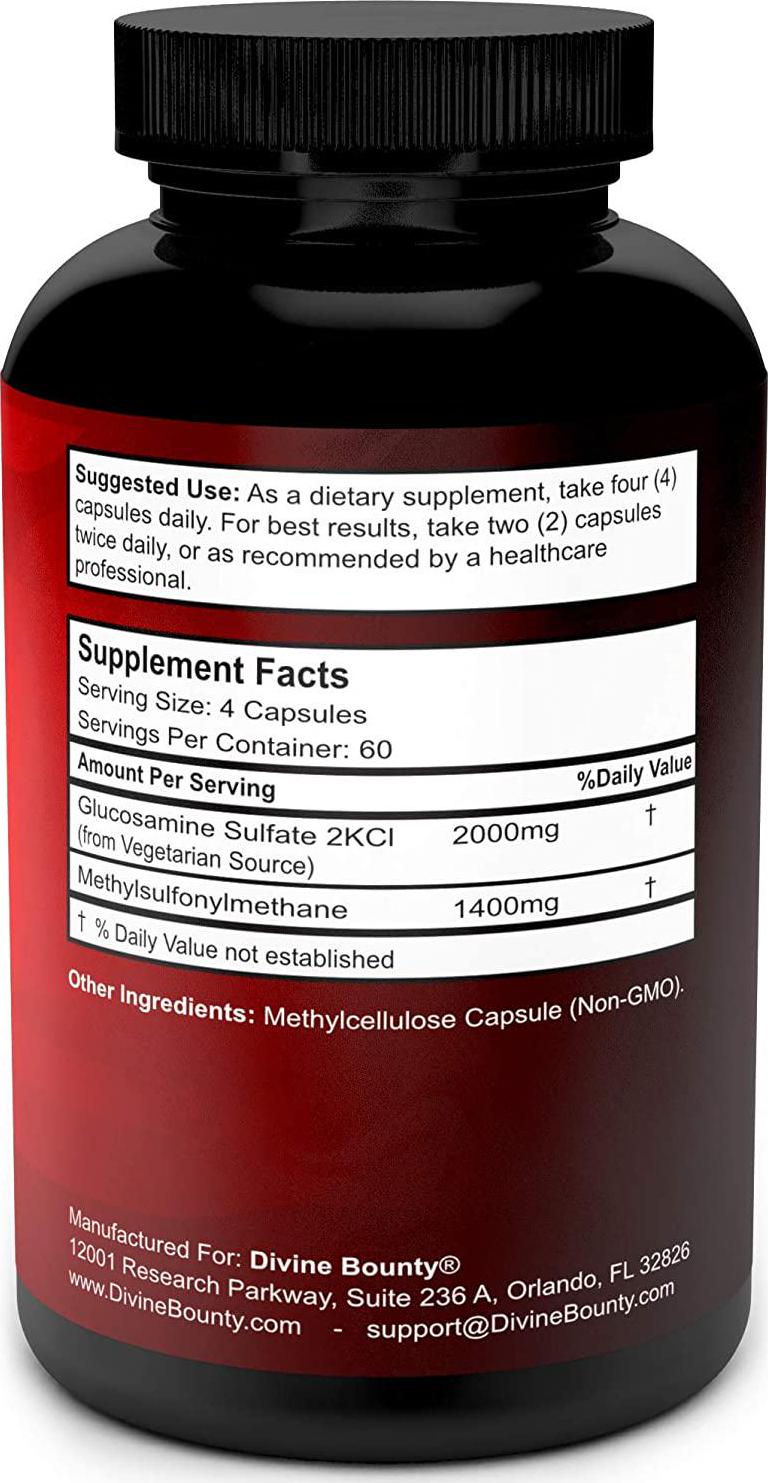 Glucosamine Sulfate Supplement (2000mg per Serving) with MSM - 240 Small Vegetarian Capsules - No Shellfish, GMO's or Harmful Additives
