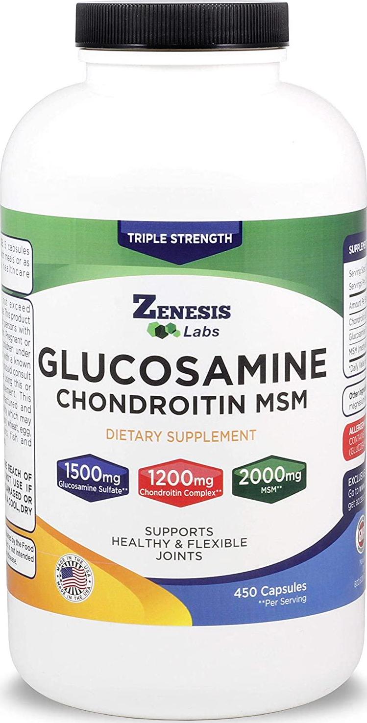 Glucosamine Sulfate + Chondroitin + MSM - 450 Capsules (90 Day Supply) - 1500mg, 1200mg, 2000mg per Serving - Back, Knee Pain Relief