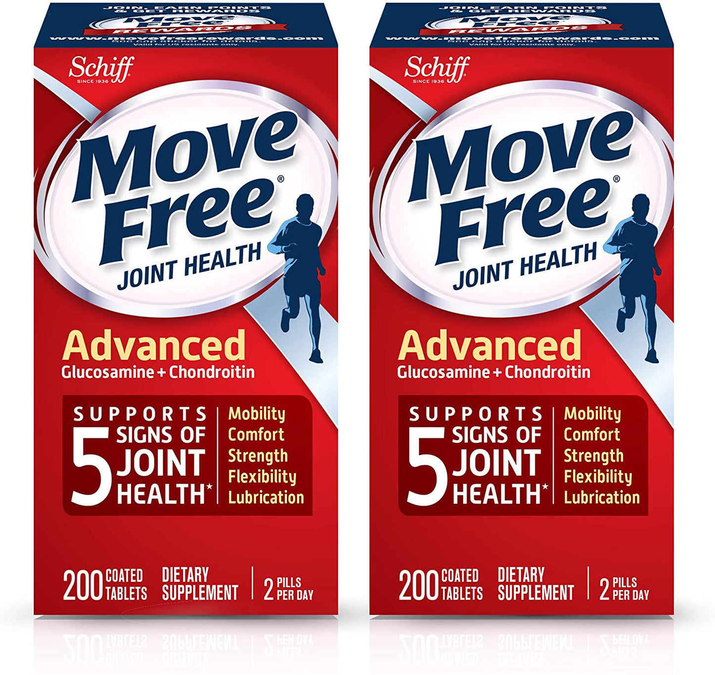 Glucosamine and Chondroitin Advanced Joint Health Supplement Tablets, Move Free (200 Count In A Bottle), Supports Mobility, Flexibility, Strength, Lubrication and Comfort (Pack of 2)