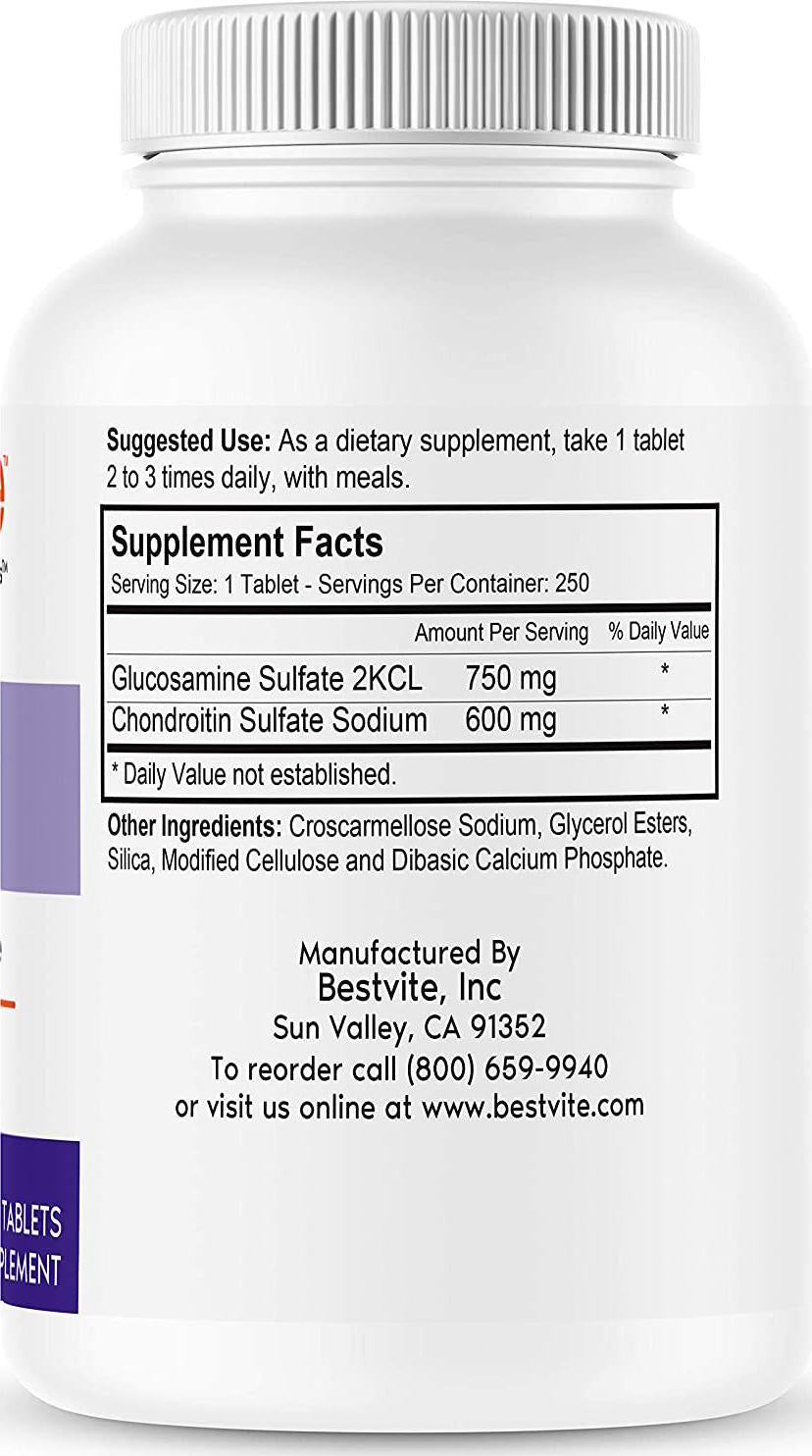 Glucosamine and Chondroitin Sulfate 750/600 Triple Strength (250 Tablets) - Joint Support - No Stearates - Gluten Free