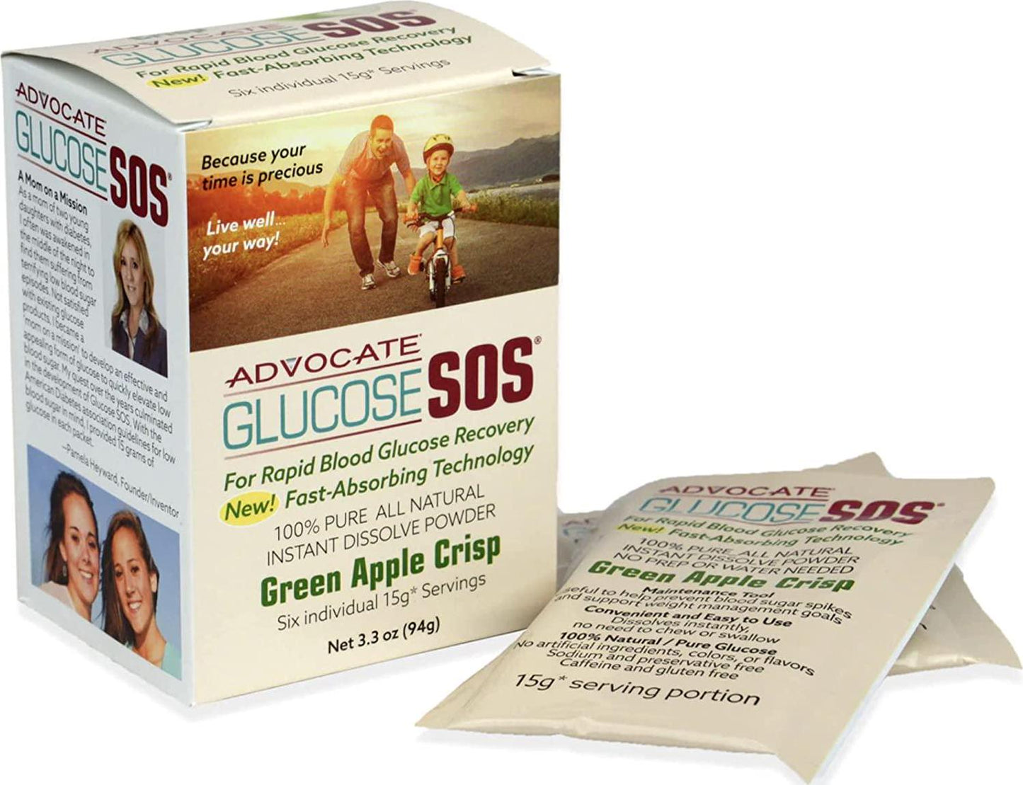 Glucose SOS Glucose Powder for Low Blood Sugar - Fast-Absorption Glucose to Support Blood Sugar Levels - Natural Powder Packets - Instantly Dissolves - No Water Needed - Green Apple Crisp - 6 Packets