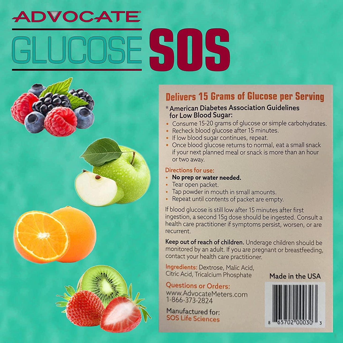 Glucose SOS Glucose Powder for Low Blood Sugar - Fast-Absorption Glucose to Support Blood Sugar Levels - Natural Powder Packets - Instantly Dissolves - No Water Needed - Green Apple Crisp - 6 Packets