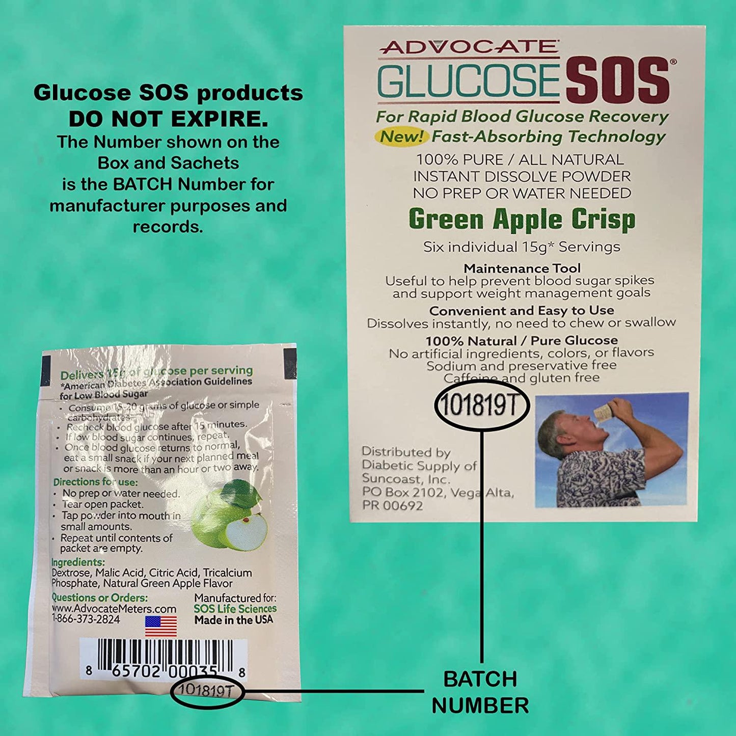 Glucose SOS Glucose Powder for Low Blood Sugar - Fast-Absorption Glucose to Support Blood Sugar Levels - Natural Powder Packets - Instantly Dissolves - No Water Needed - Green Apple Crisp - 6 Packets