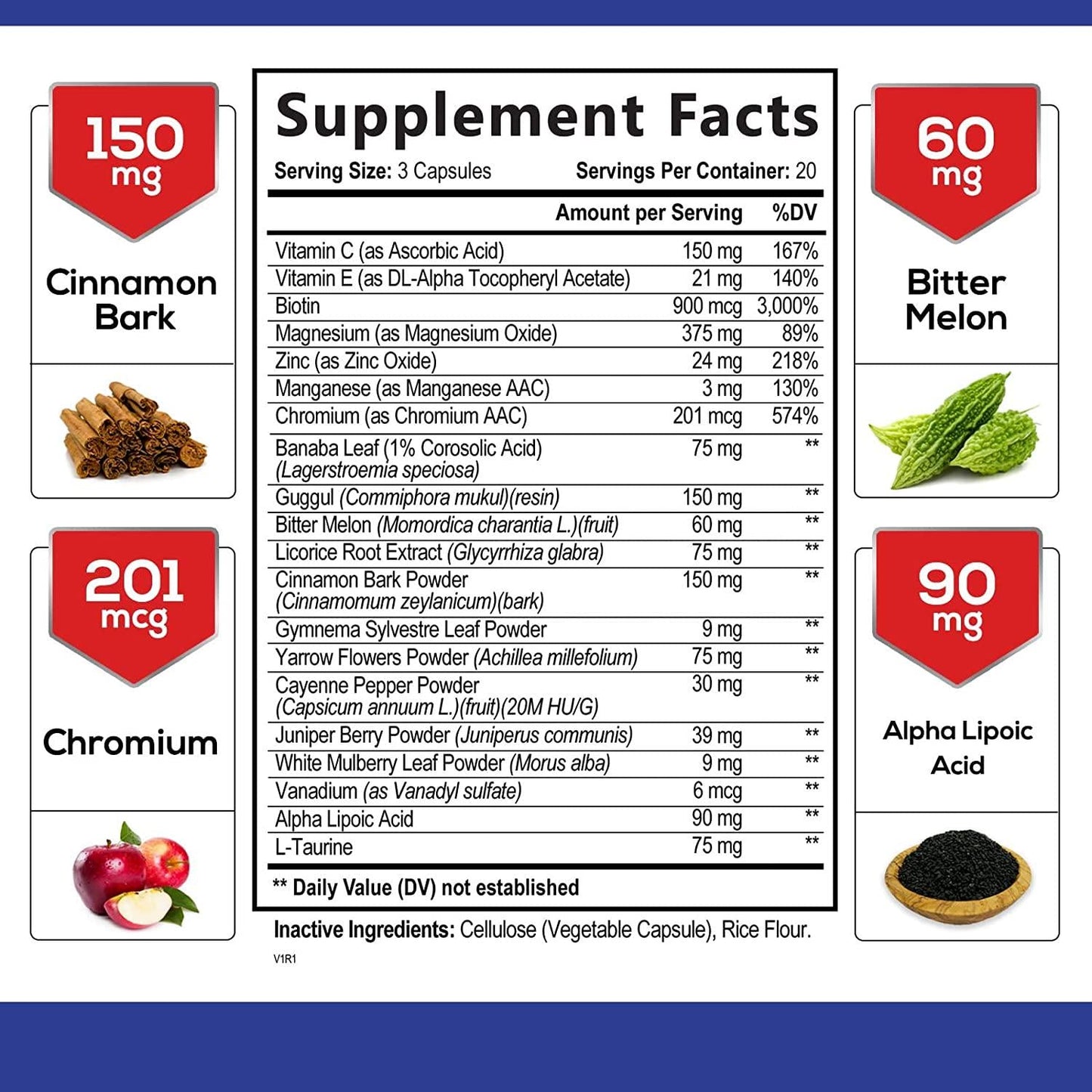 Glucose Support Complex, Advanced Extra Strength Herbal Supplement with Cinnamon, Alpha Lipoic Acid and Chromium - 20 Herbs and Vitamin Blend - Best Vegan Complex - 60 Capsules