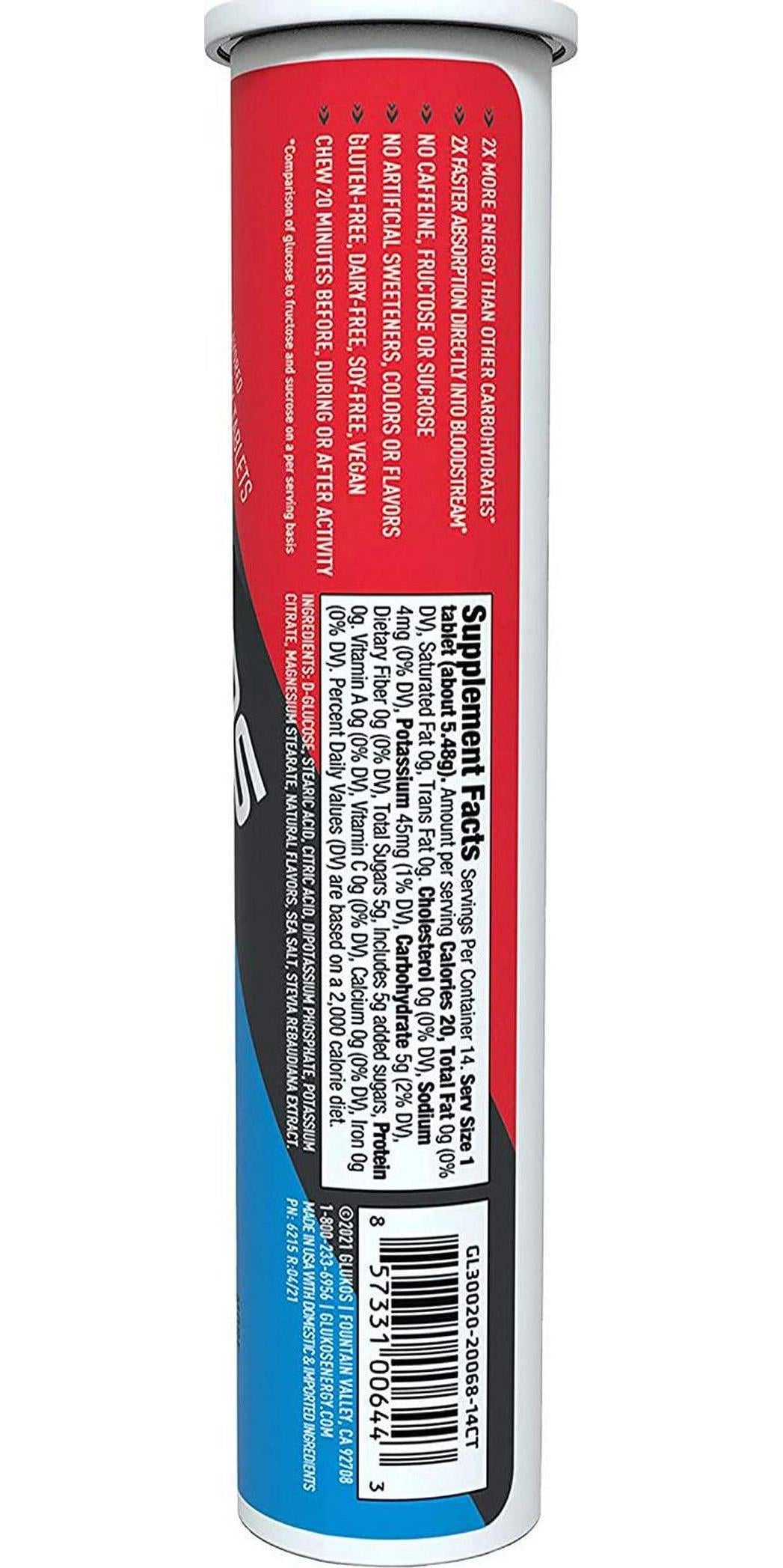 Glukos Energy Chewable Tablets. 1 Tube of 14 Tablets. Fruit Punch Flavor, (GL30020-20068-14CT)