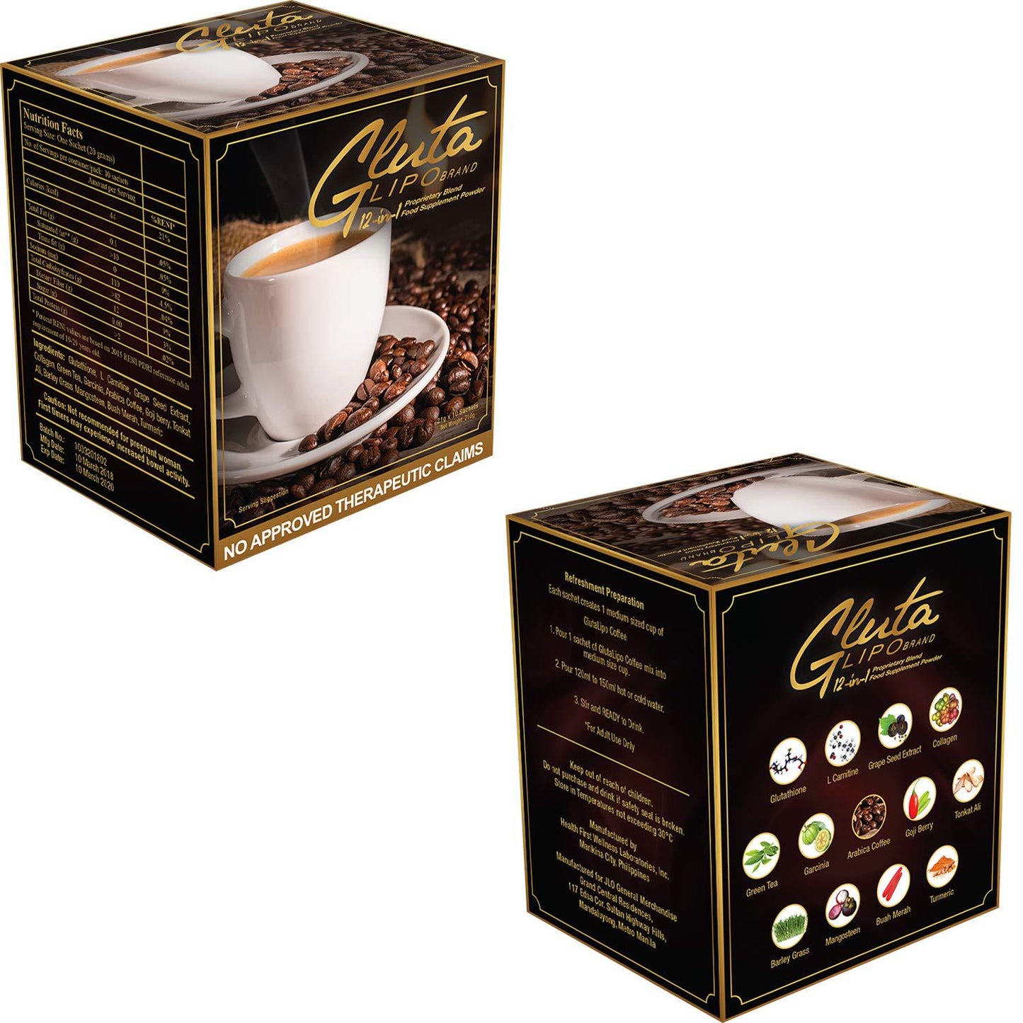 Gluta Lipo 10-Sachets Coffee 12-in-1 Slimming and Whitening 1 Pack