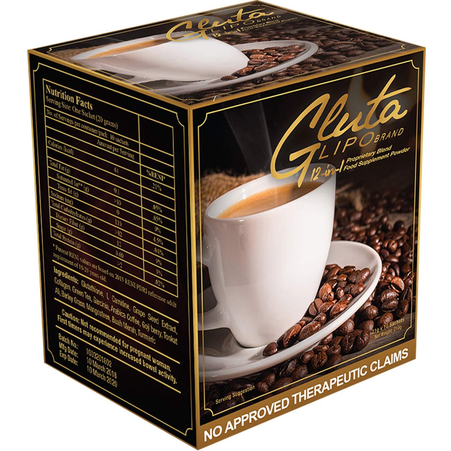 Gluta Lipo 10-Sachets Coffee 12-in-1 Slimming and Whitening 1 Pack