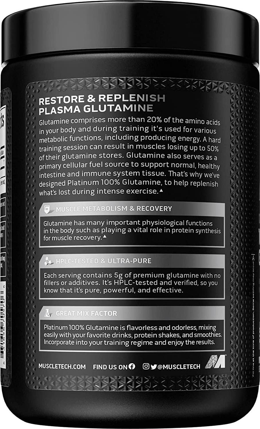 Glutamine Powder | MuscleTech 100% Pure L Glutamine Powder | Post Workout Recovery Drink | L-Glutamine Powder for Men and Women | Muscle Recovery | Unflavored (60 Servings)