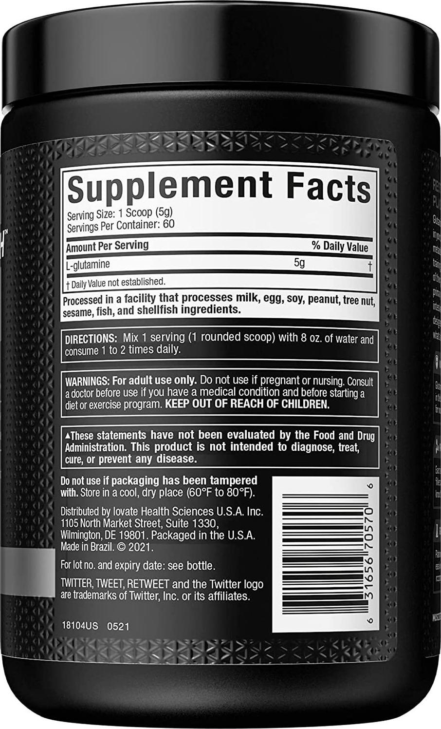 Glutamine Powder, MuscleTech 100% Pure L Glutamine Powder, Post Workout Recovery Drink, L-Glutamine Powder for Men and Women, Muscle Recovery, Unflavoured (60 Servings)