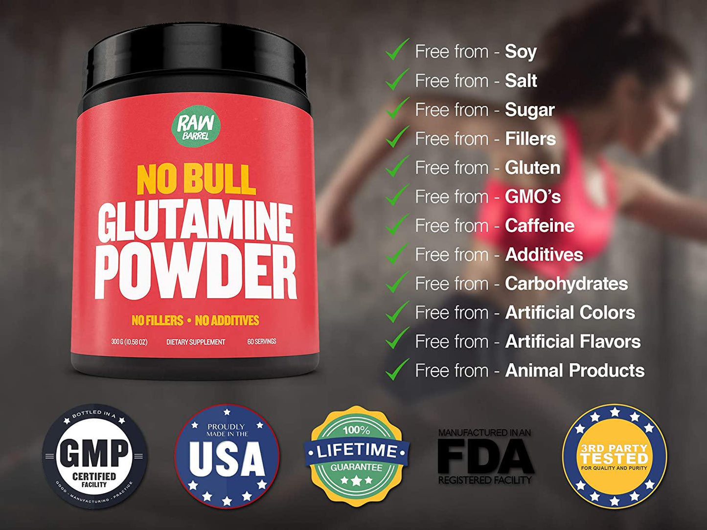 Glutamine Powder - Pure, Unflavored and Micronized L-Glutamine Amino Acid Supplement - 300g, 10.5oz, 60 Servings - Non GMO, Naturally Vegan, Vegetarian Friendly and Gluten Free - by Raw Barrel