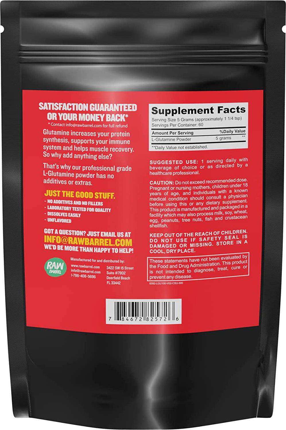 Glutamine Powder - Pure, Unflavored and Micronized L-Glutamine Amino Acid Supplement - 300g, 10.5oz, 60 Servings - Non GMO, Naturally Vegan, Vegetarian Friendly and Gluten Free - by Raw Barrel