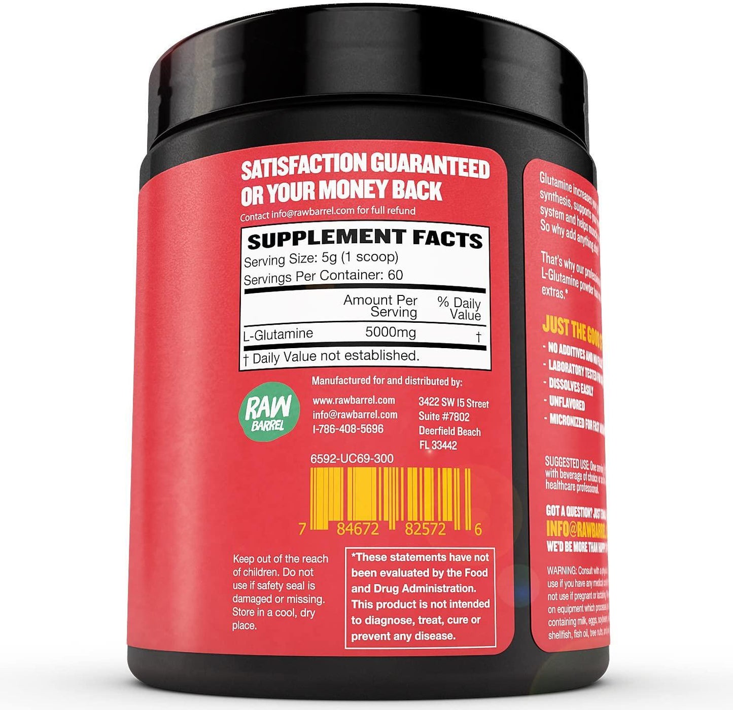 Glutamine Powder - Pure, Unflavored and Micronized L-Glutamine Amino Acid Supplement - 300g, 10.5oz, 60 Servings - Non GMO, Naturally Vegan, Vegetarian Friendly and Gluten Free - by Raw Barrel