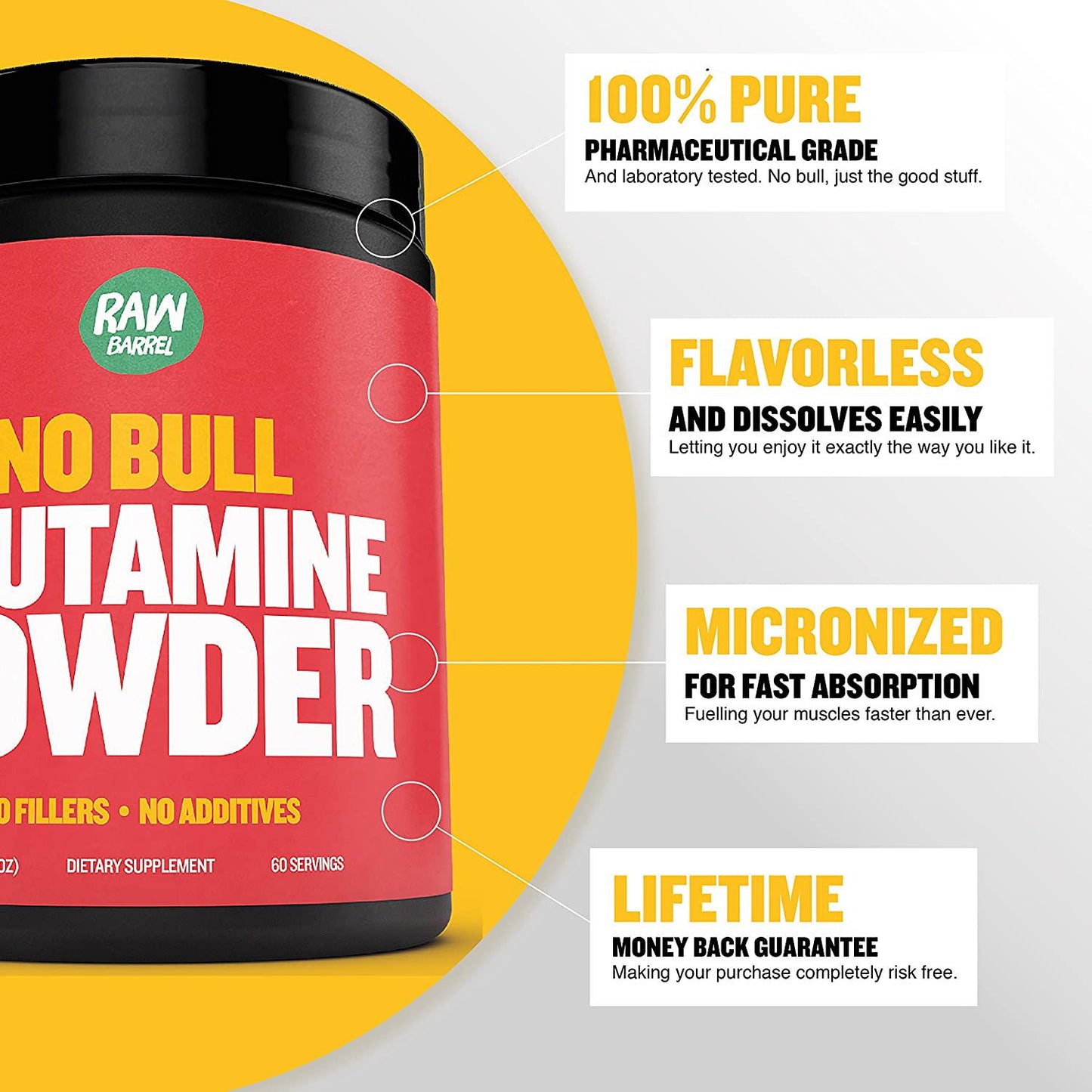 Glutamine Powder - Pure, Unflavored and Micronized L-Glutamine Amino Acid Supplement - 300g, 10.5oz, 60 Servings - Non GMO, Naturally Vegan, Vegetarian Friendly and Gluten Free - by Raw Barrel