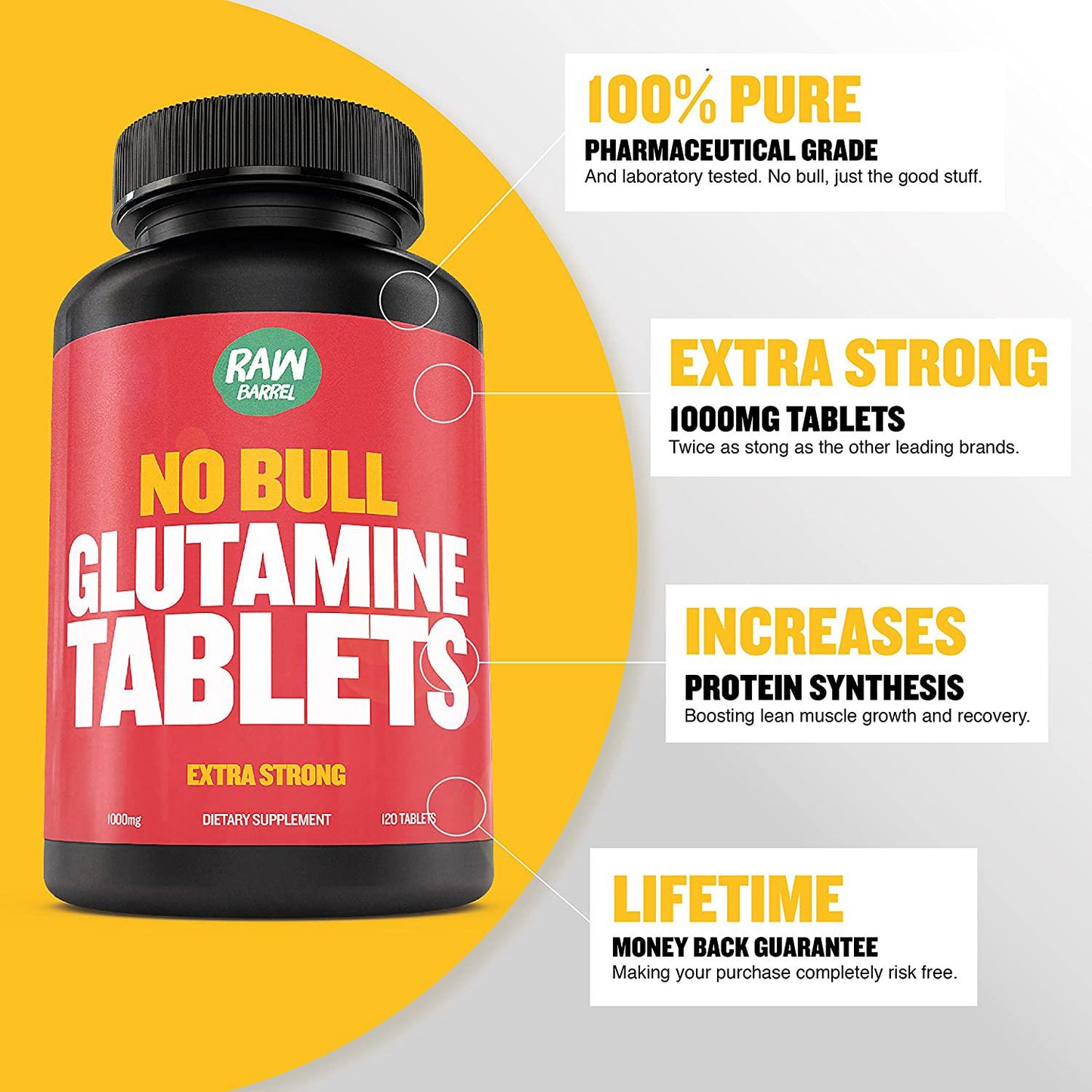 Glutamine Tablets - Pure, Non GMO, with Natural Ingredients, Soy and Caffeine Free - 120 L-Glutamine Pills at 1000mg - Amino Acid Supplement - by Raw Barrel
