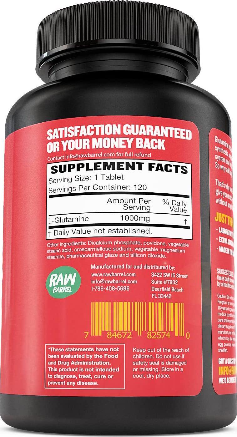 Glutamine Tablets - Pure, Non GMO, with Natural Ingredients, Soy and Caffeine Free - 120 L-Glutamine Pills at 1000mg - Amino Acid Supplement - by Raw Barrel