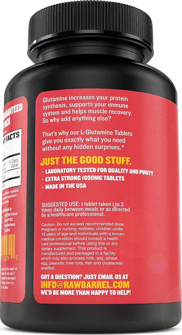 Glutamine Tablets - Pure, Non GMO, with Natural Ingredients, Soy and Caffeine Free - 120 L-Glutamine Pills at 1000mg - Amino Acid Supplement - by Raw Barrel