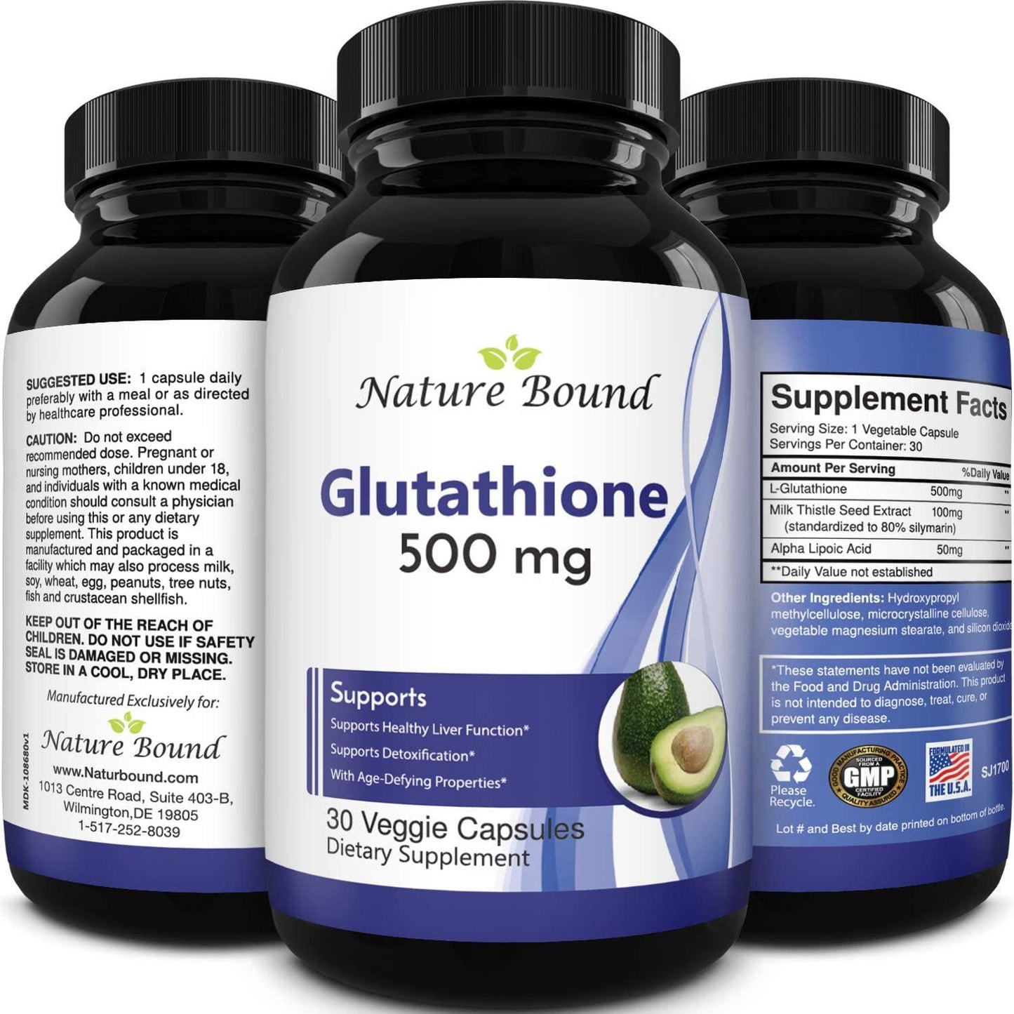 Glutathione Skin Whitening Pills for Men and Women - Pure GSH Supplement 500 mg with Natural Milk Thistle Extract Silymarin - Antioxidant Support ALA - Boost Immune System by Nature Bound