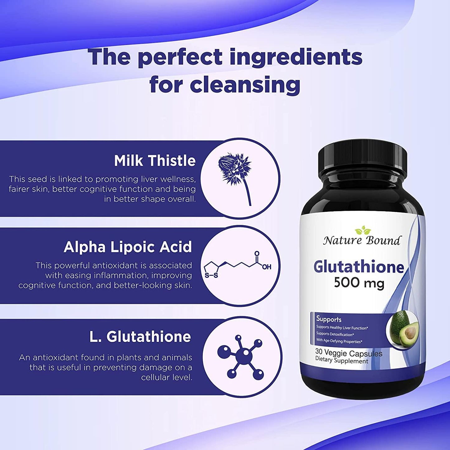 Glutathione Skin Whitening Pills for Men and Women - Pure GSH Supplement 500 mg with Natural Milk Thistle Extract Silymarin - Antioxidant Support ALA - Boost Immune System by Nature Bound